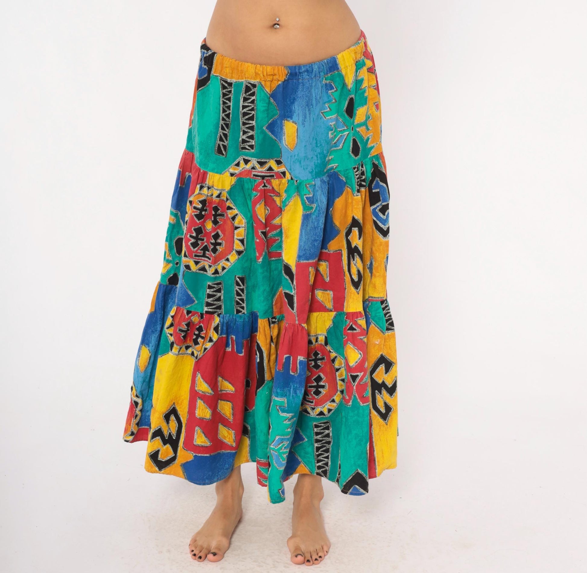 90s Tribal Print Maxi Skirt Teal Red Yellow Blue Tiered Cotton One Size