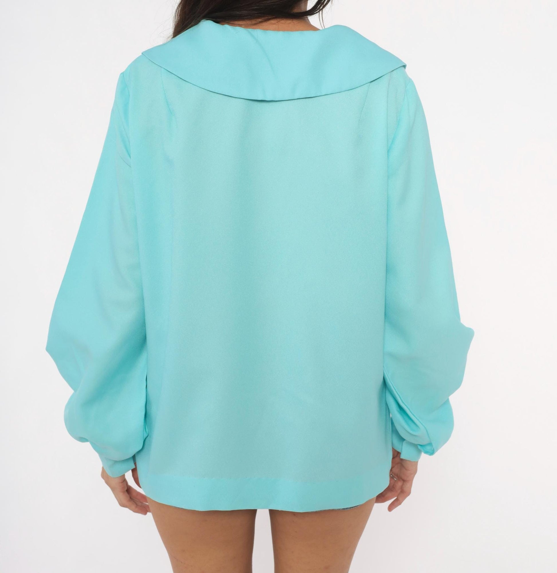 70s Aqua Pullover Blouse V Neck Bishop Sleeve Tunic Large L