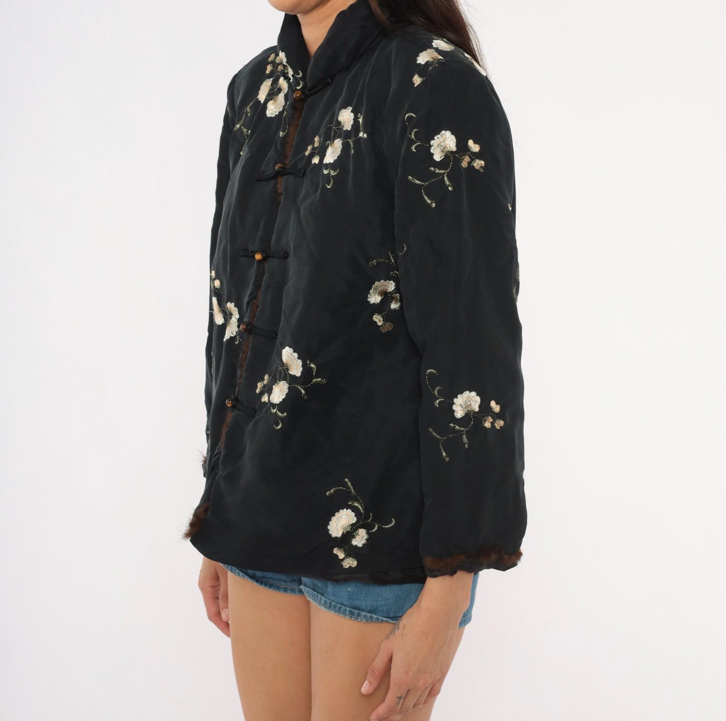90s Esme Black Silk Jacket Embroidered Floral Mandarin Collar Quilted Small S