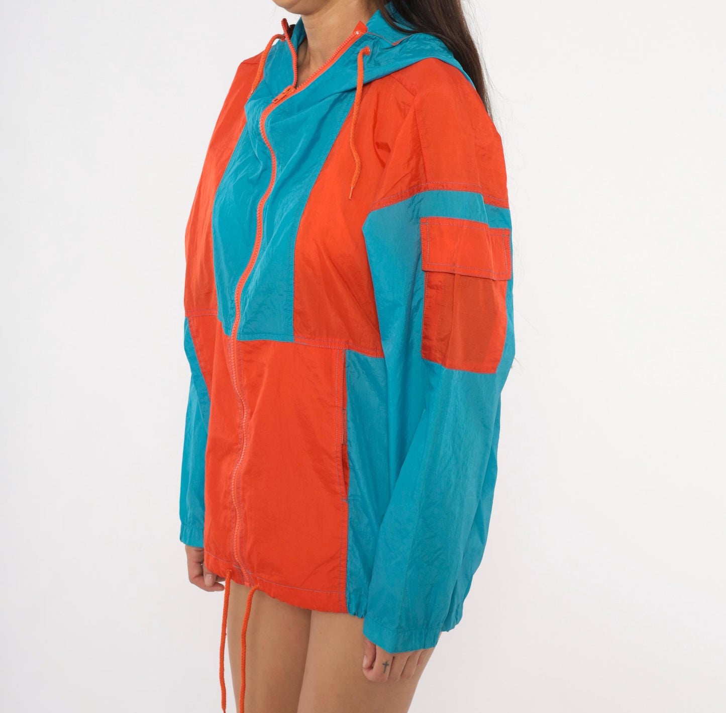 80s Sbi Teal Orange Colorblock Windbreaker Hooded Nylon Jacket Small