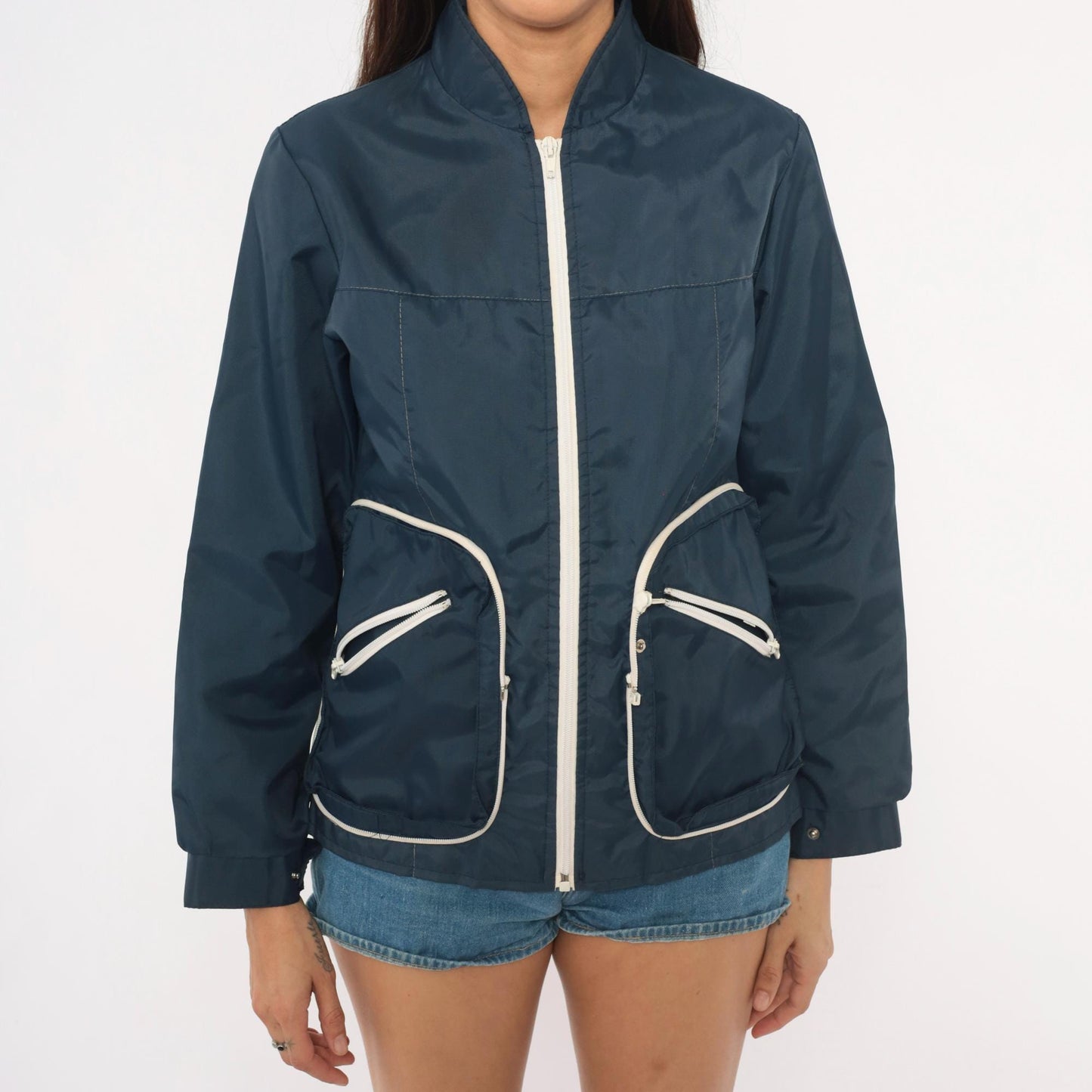 70s Navy Windbreaker White Contrast Zipper Stand Collar Shell Jacket Small S
