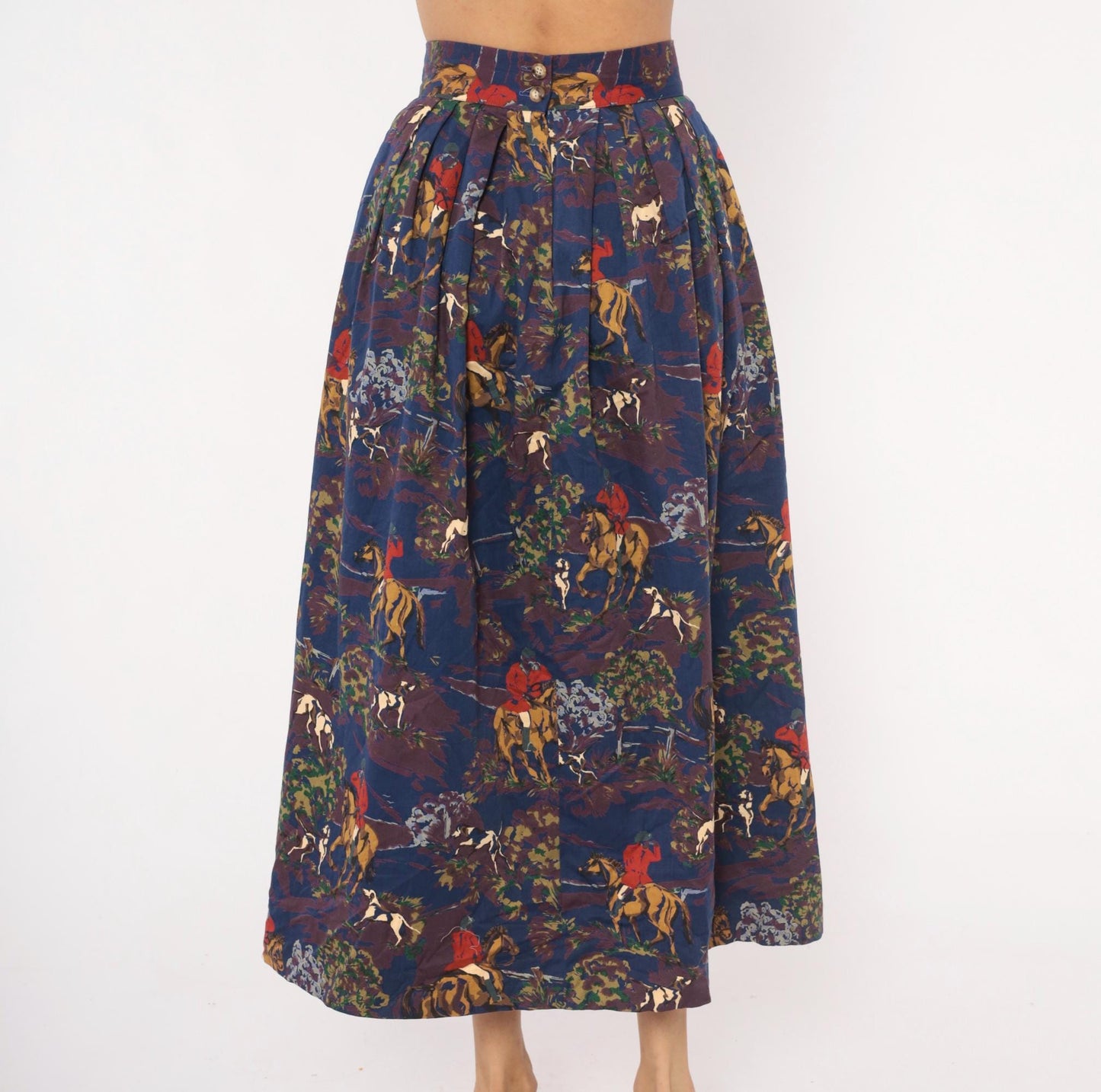90s Breeches Equestrian Hunt Scene Midi Skirt Navy Purple Pleated Cotton Extra Small XS