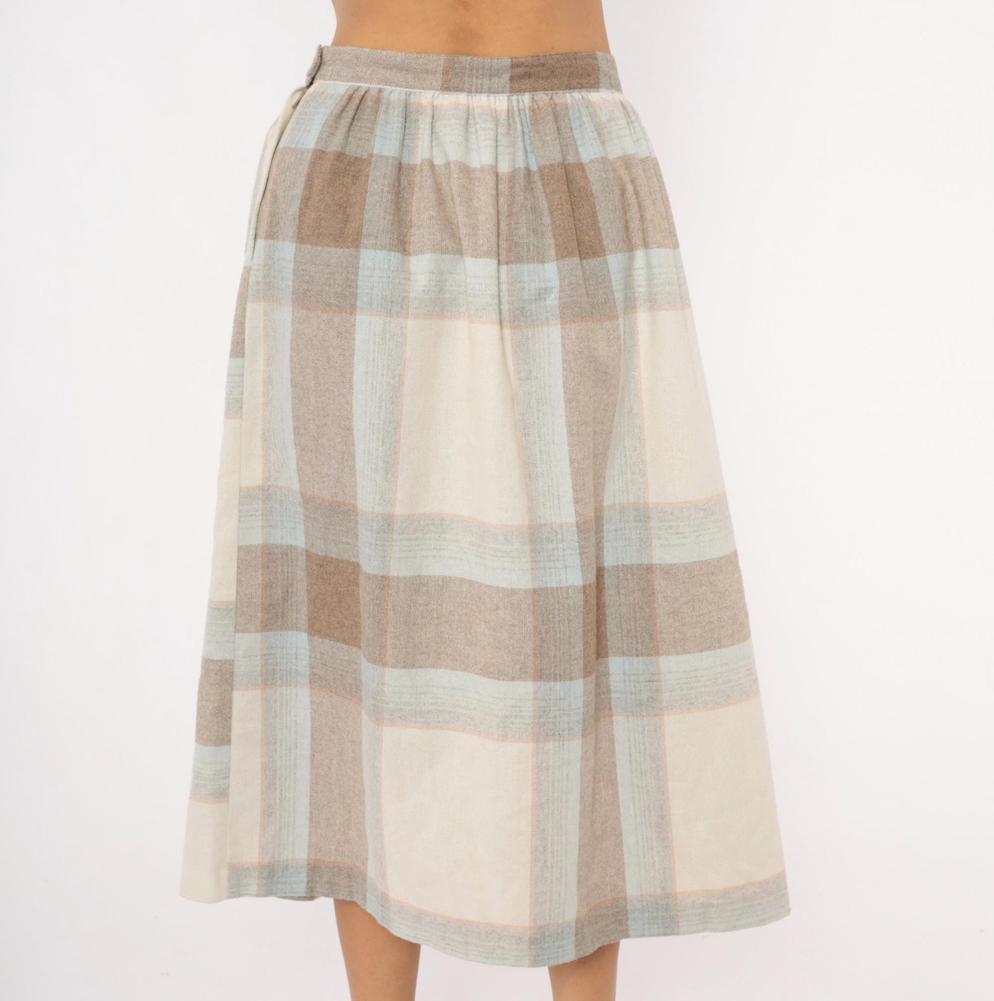 80s Wool Blend Plaid Midi Skirt Tan Cream Powder Blue Pleated Medium M