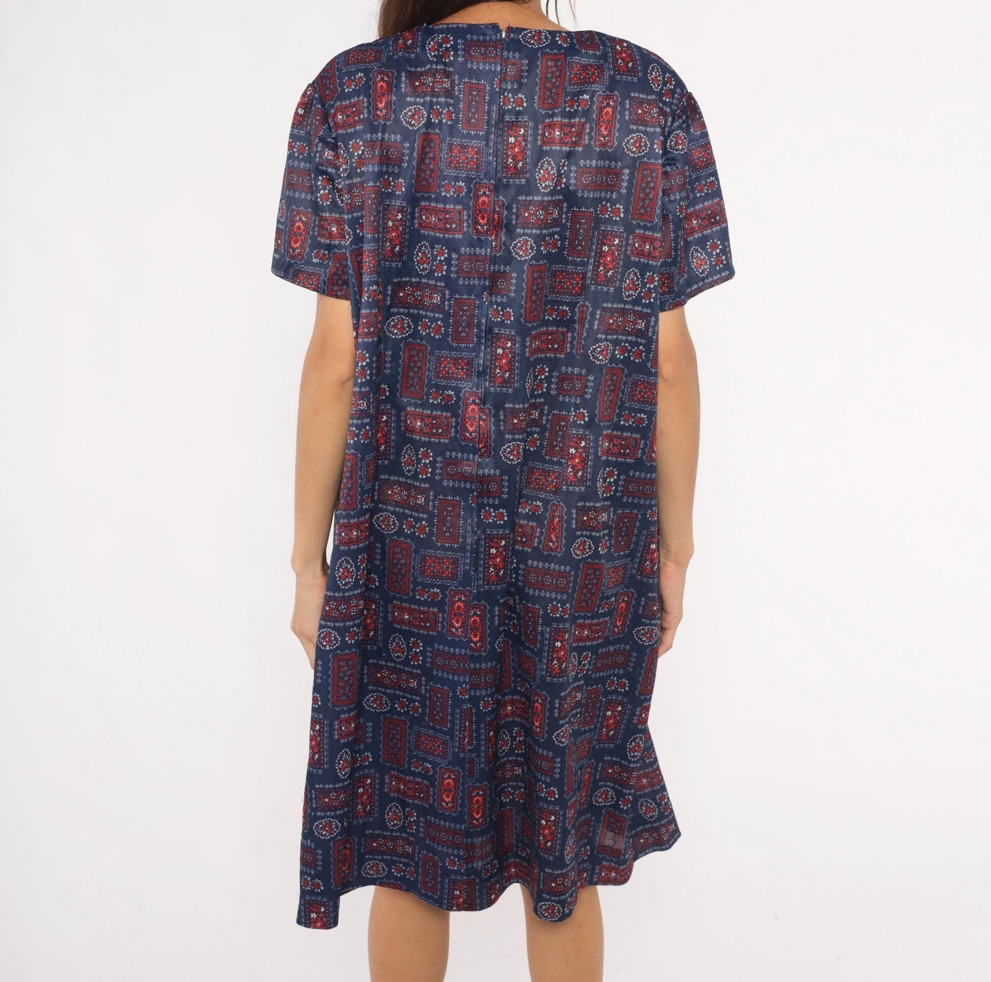 70s Navy Bandana Patchwork Shift Dress Red Floral Folk Print Knee Length Extra Large