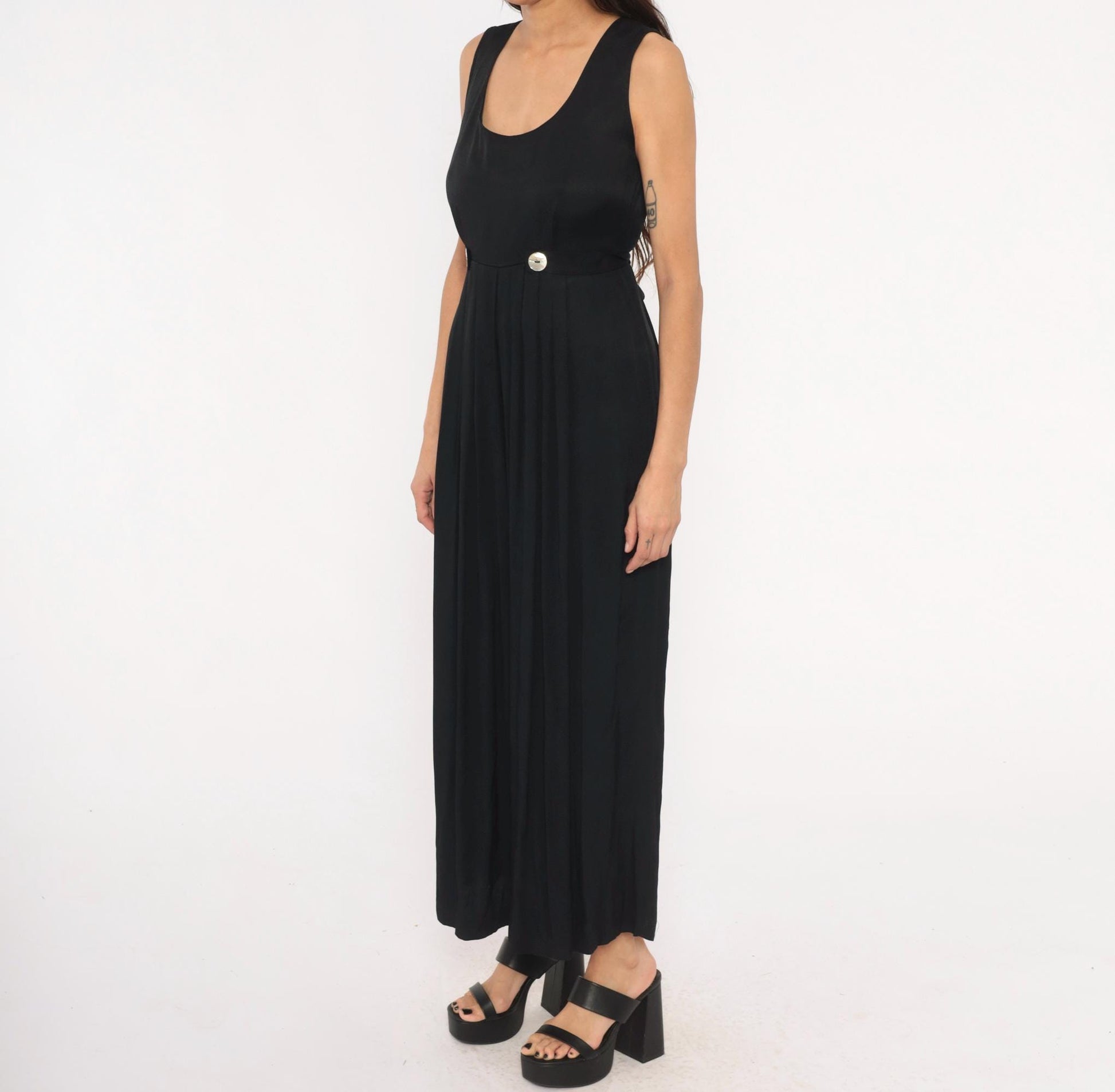 90s Jeffrey & Dara Black Wide-Leg Jumpsuit Pleated Waist Tie-Back Medium M