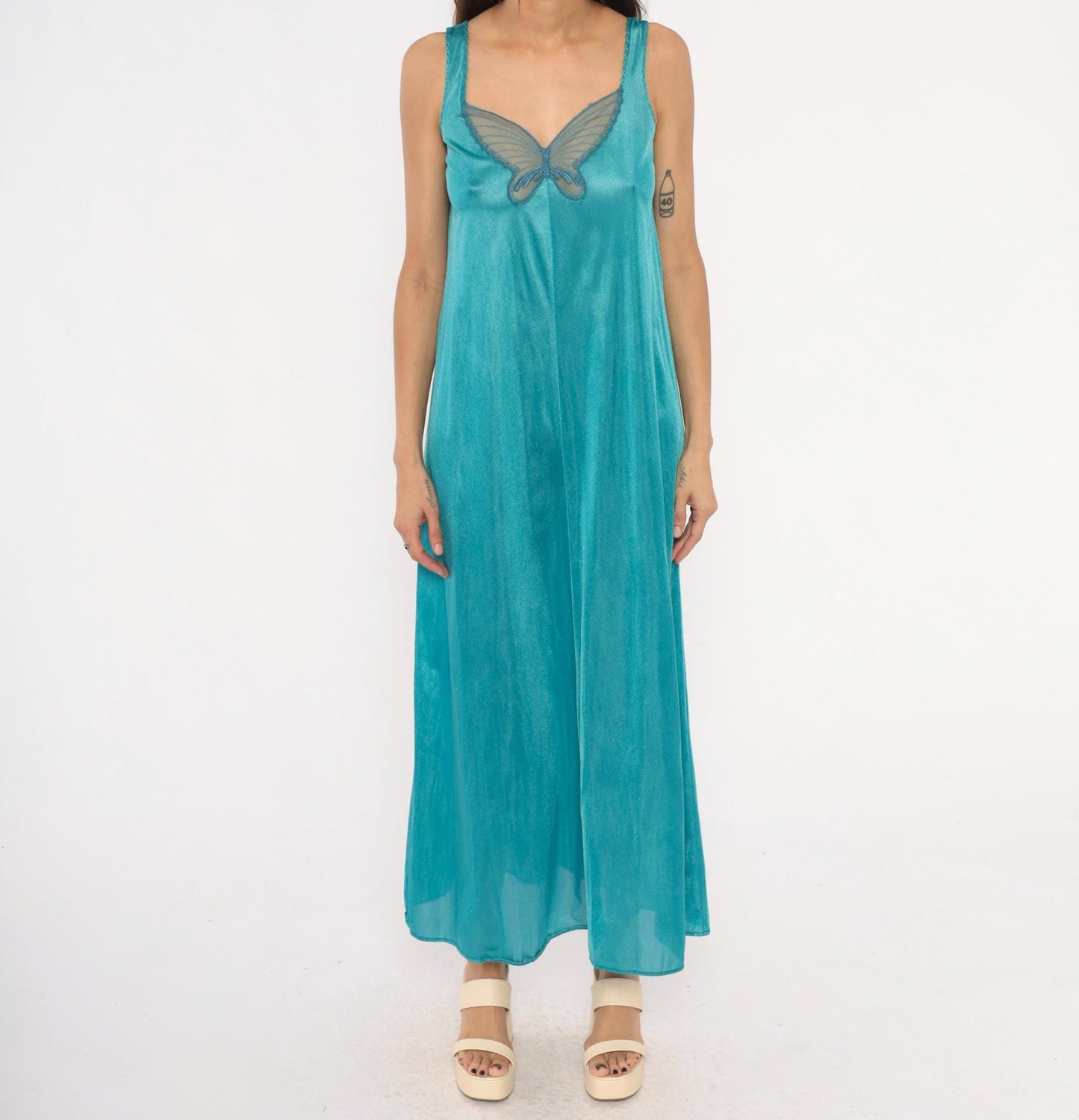 70s Undercover Wear Teal Maxi Nightgown Butterfly Mesh V-Neck Small