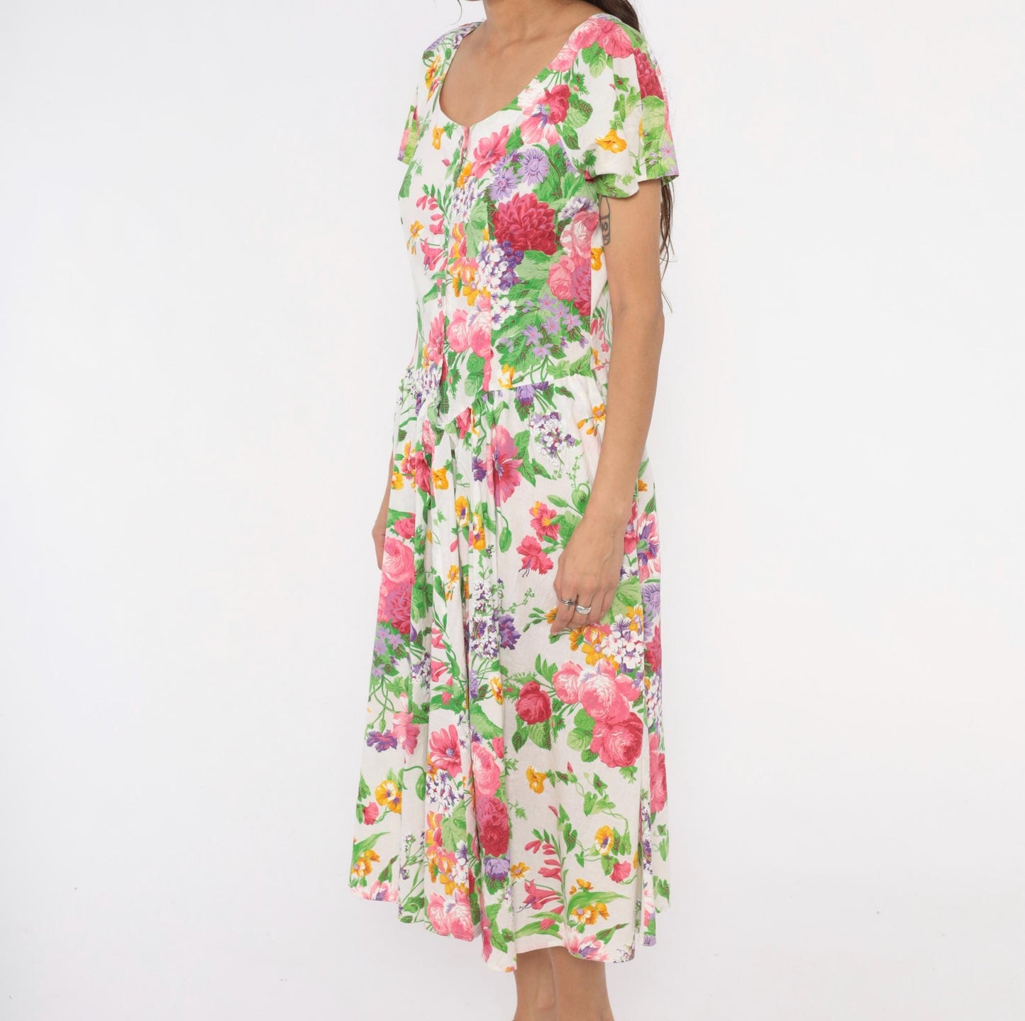 80s Dawn Joy Fashions Floral Midi Dress Cotton Pink Rose Garden Print Medium