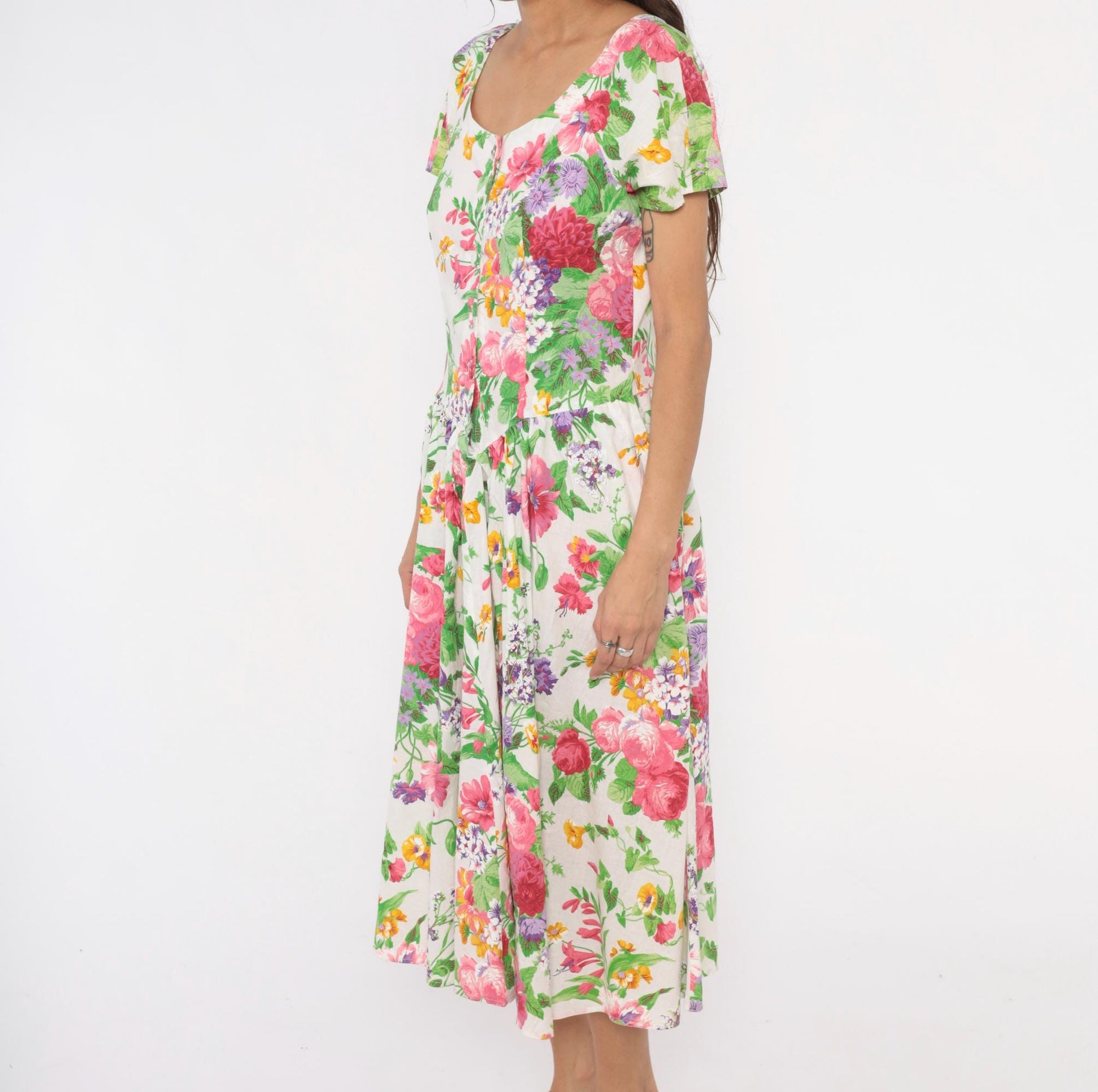 80s Dawn Joy Fashions Floral Midi Dress Cotton Pink Rose Garden Print Medium