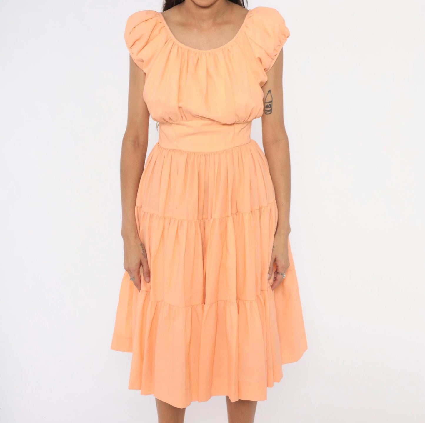 60s Peach Puff Sleeve Tiered Dress Gathered Bodice Knee Length Small
