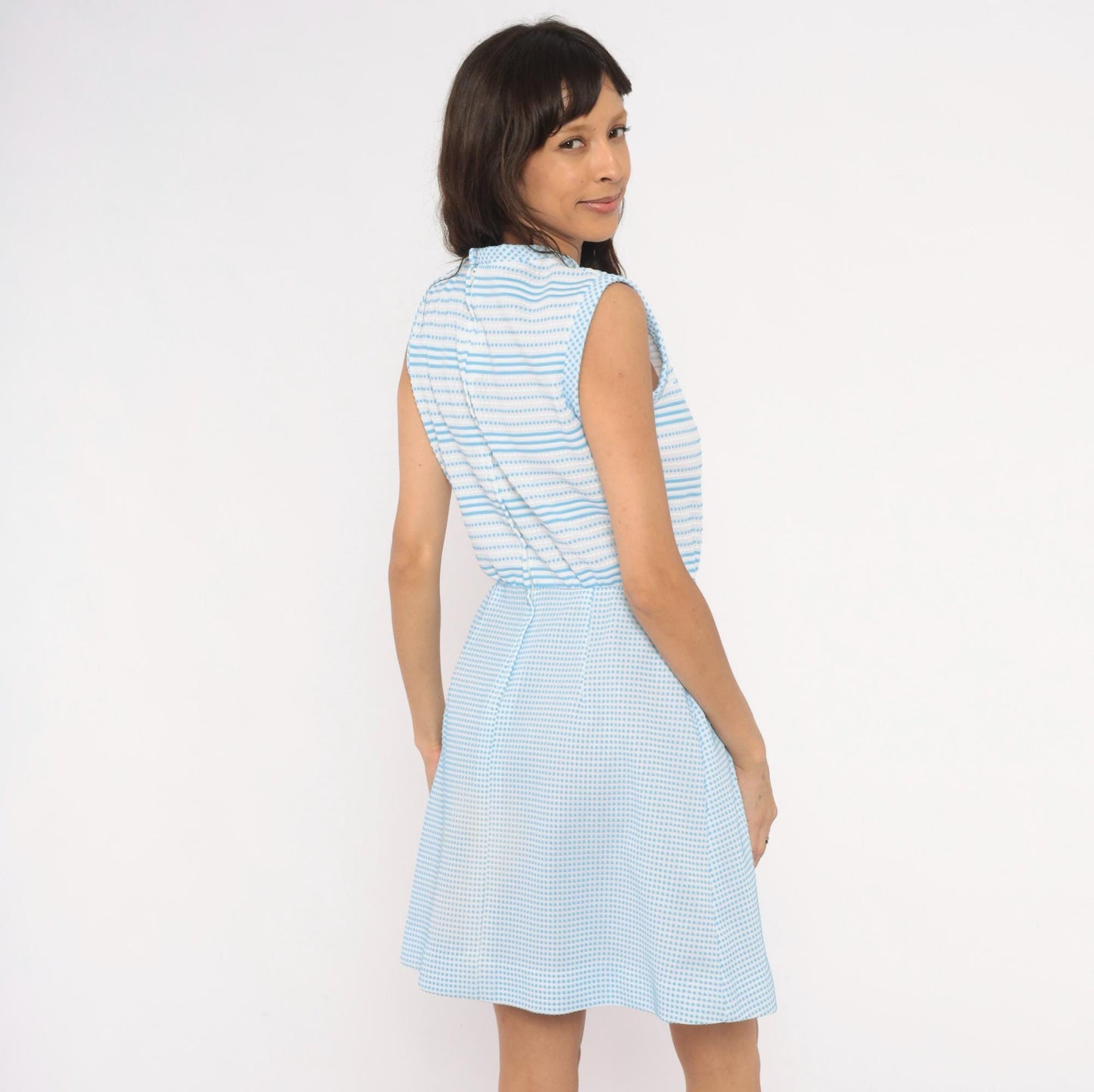 70s Vicky Vaughn Gingham Stripe Dress Sky Blue White Peter Pan Collar Medium