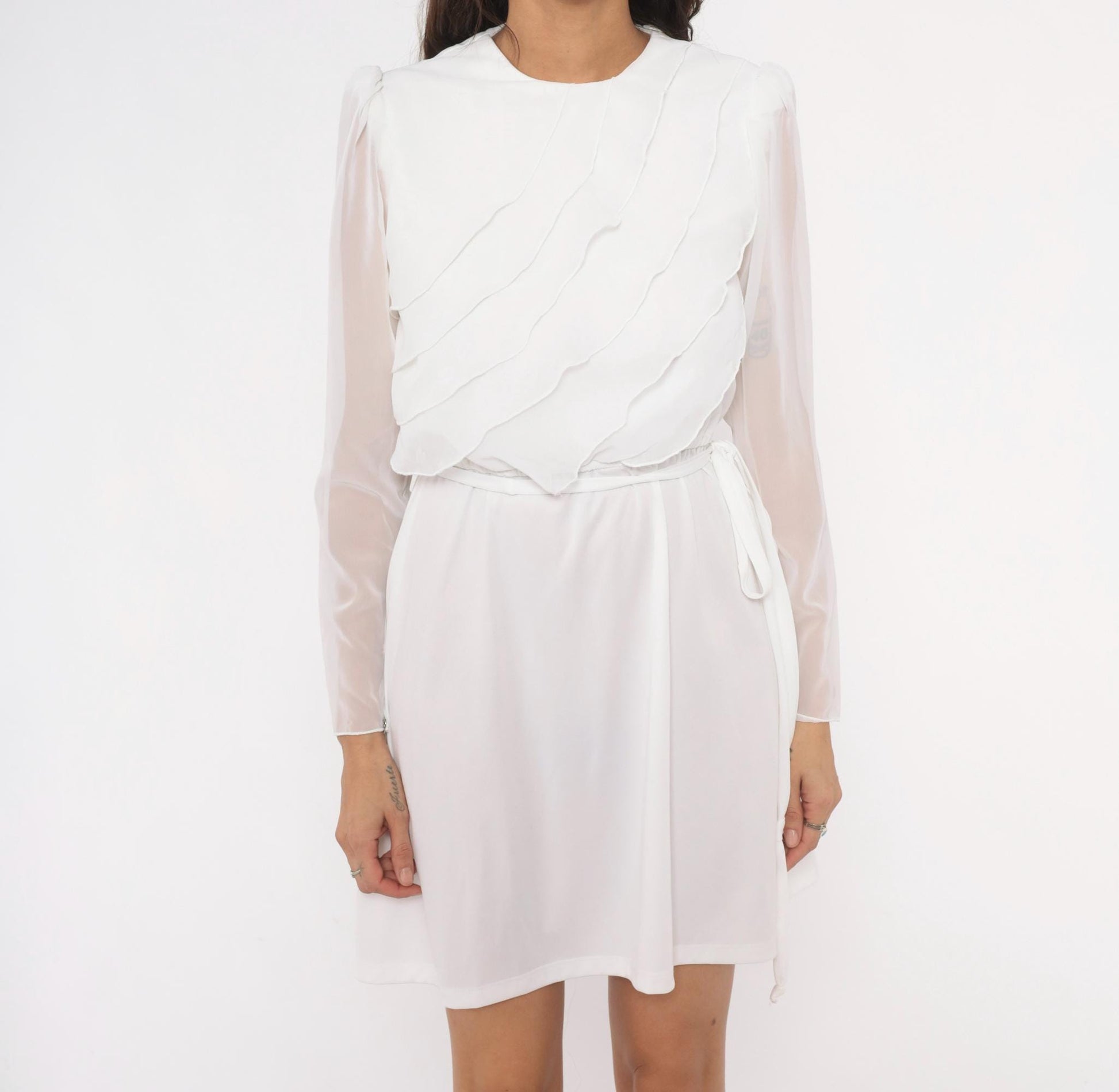 70s White Mini Dress Tiered Ruffle Chiffon Long Sleeve Crew Neck Small