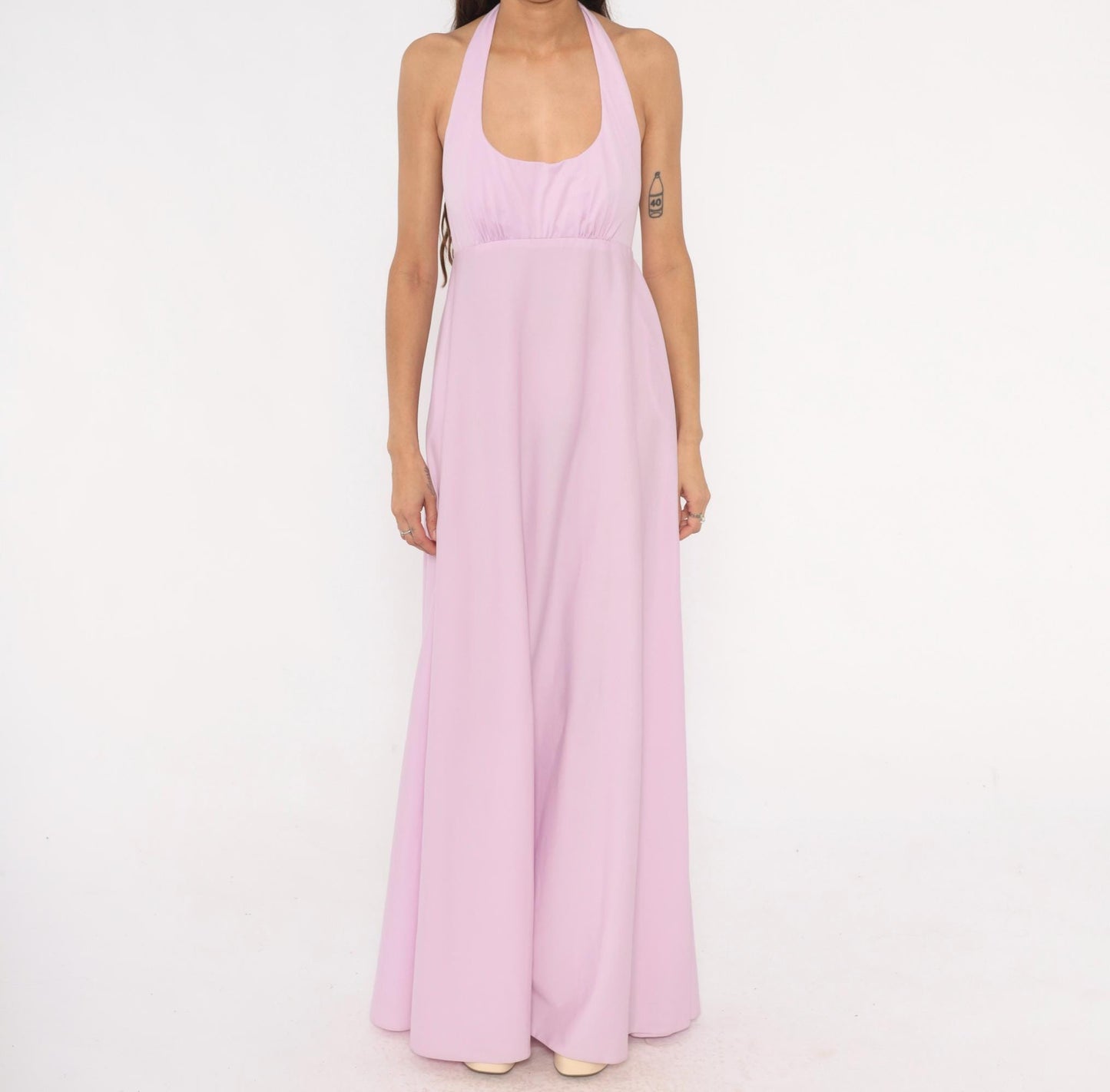 70s Lilac Halter Maxi Dress Empire Waist Open Back Floor Length Medium