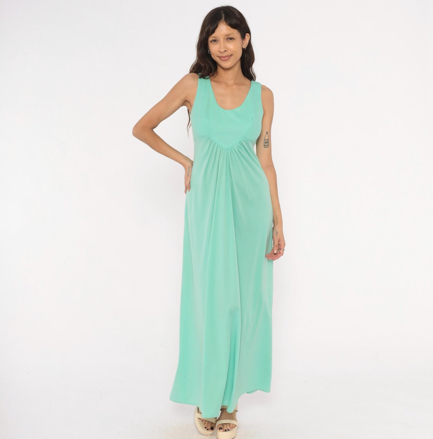 70s Mint Green Sleeveless Maxi Dress Empire Waist A-Line Medium
