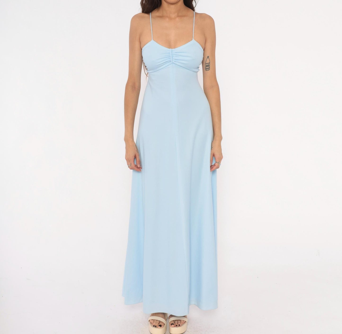 70s Baby Blue Maxi Dress Spaghetti Strap Sweetheart Neckline Empire Waist Extra Small XS