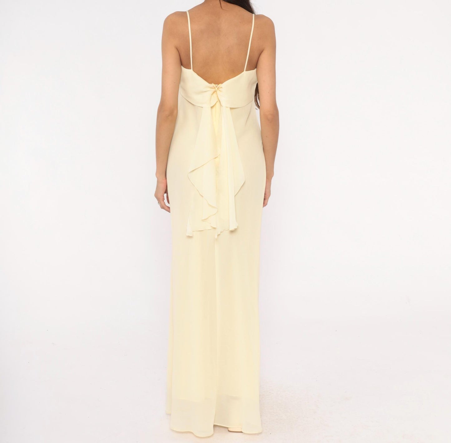 70s Jody Pale Yellow Cowl Neck Maxi Gown Spaghetti Strap Medium M