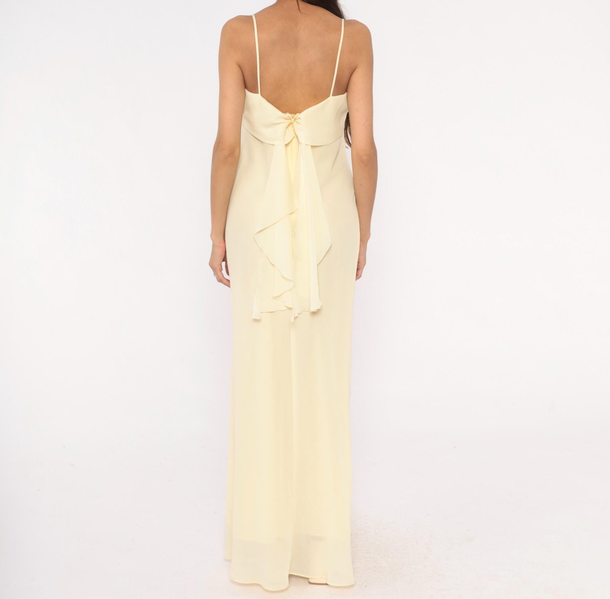 70s Jody Pale Yellow Cowl Neck Maxi Gown Spaghetti Strap Medium M