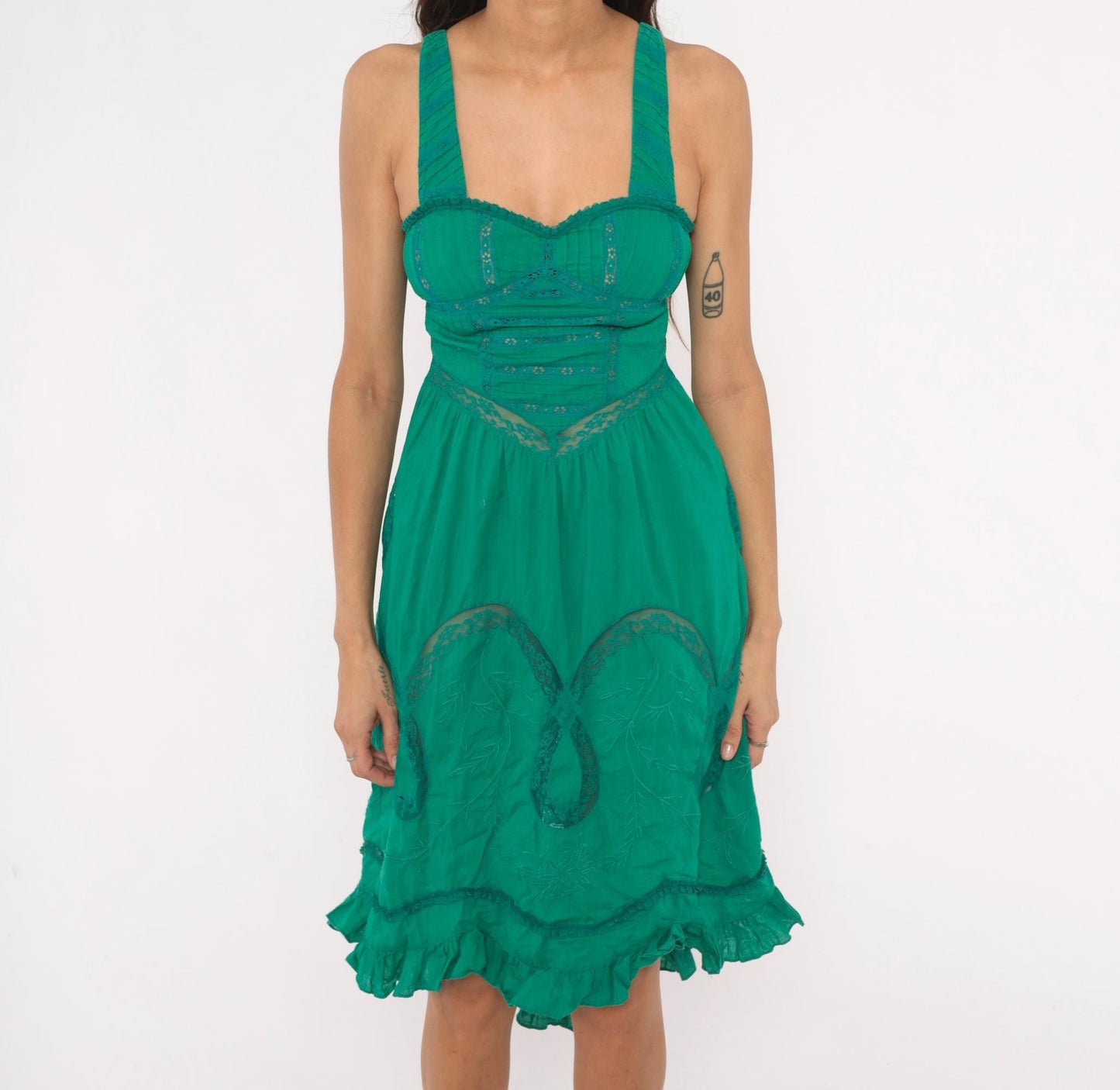 Y2K Free People Teal Lace Corset Sundress Sweetheart Neckline Cotton XS