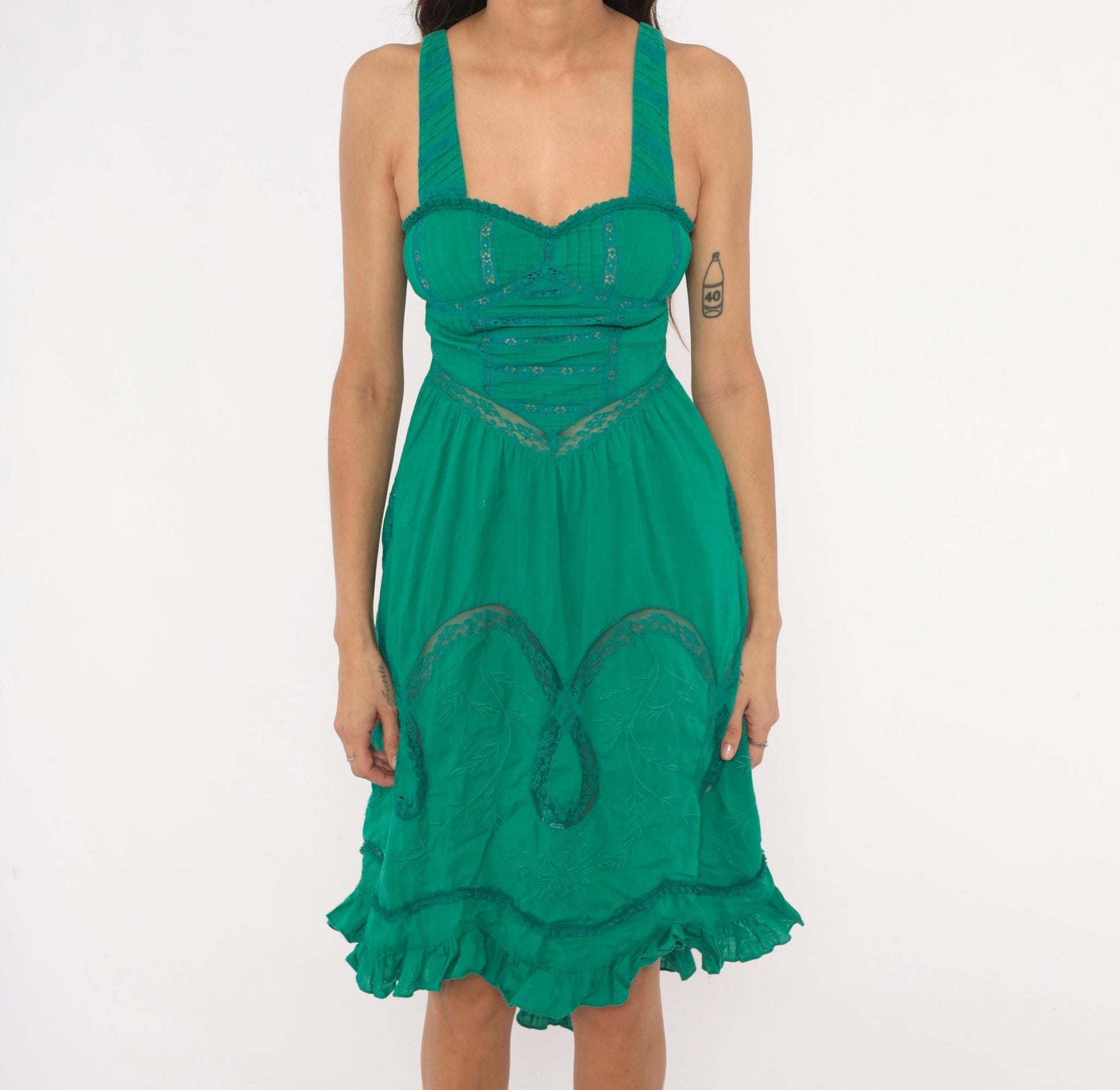 Y2K Free People Teal Lace Corset Sundress Sweetheart Neckline Cotton XS