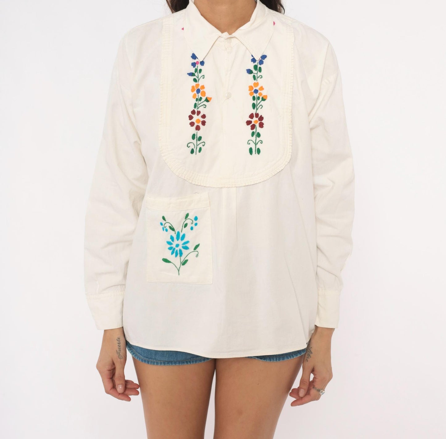 70s Mexican Embroidered Floral Blouse Cream Cotton Peasant Top Medium