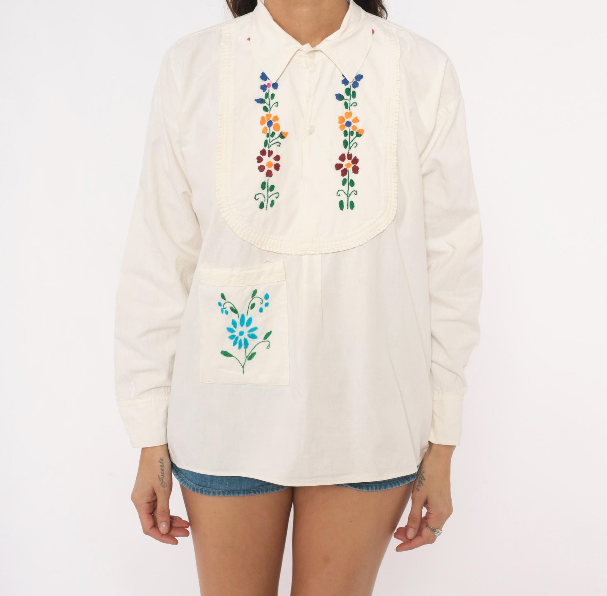 70s Mexican Embroidered Floral Blouse Cream Cotton Peasant Top Medium