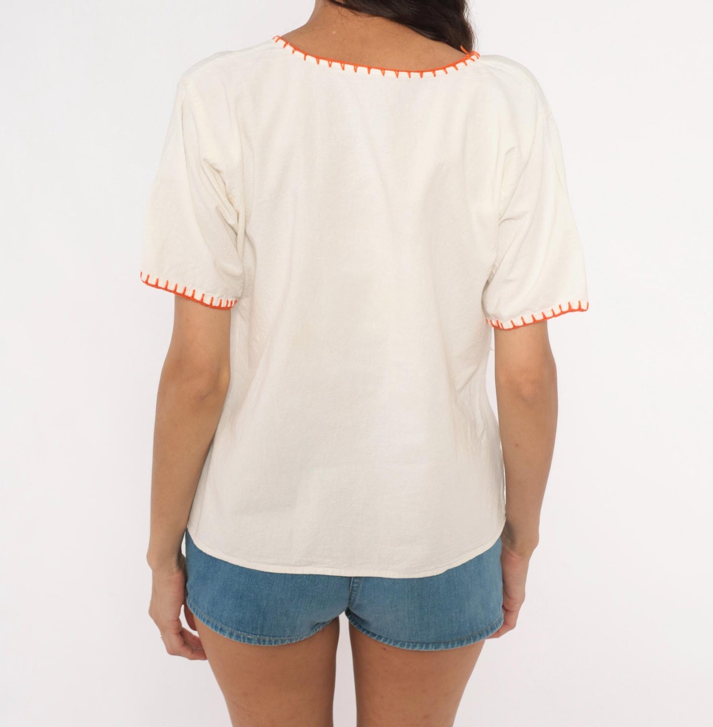 90s White Cotton Peasant Blouse Hand-Embroidered Floral V-Neck Medium M