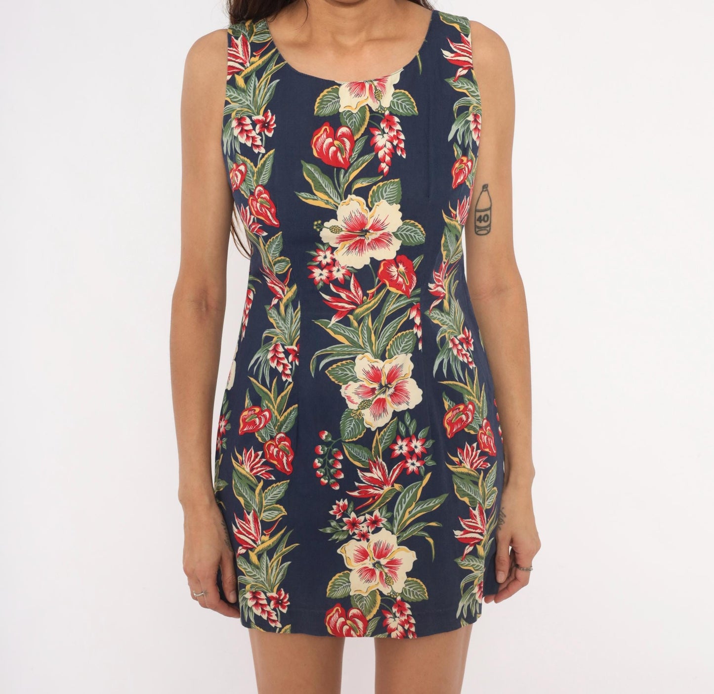 90s Chili Pepa Hawaii Tropical Mini Dress Navy Hibiscus Floral Cotton XS