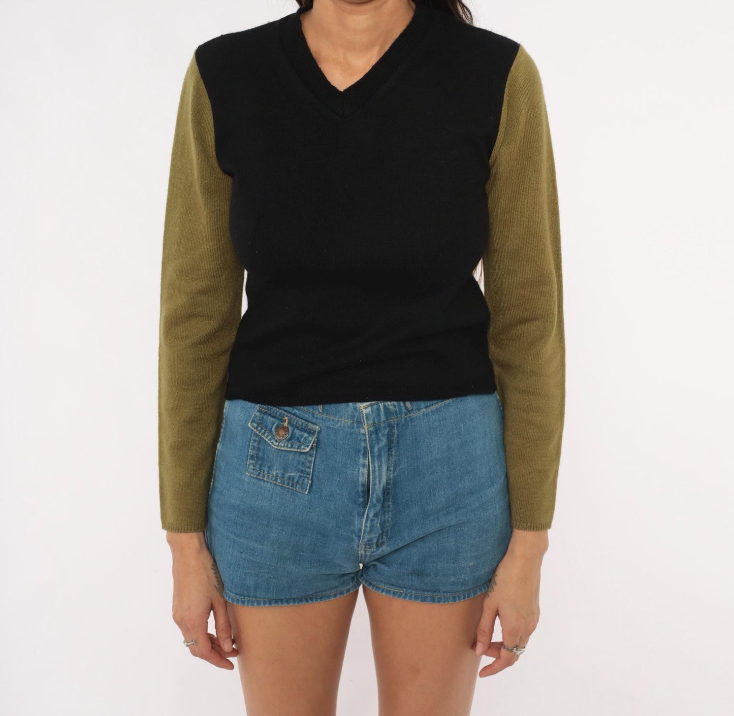 90s Catch 22 Color Block V-Neck Sweater Black Olive Green Small