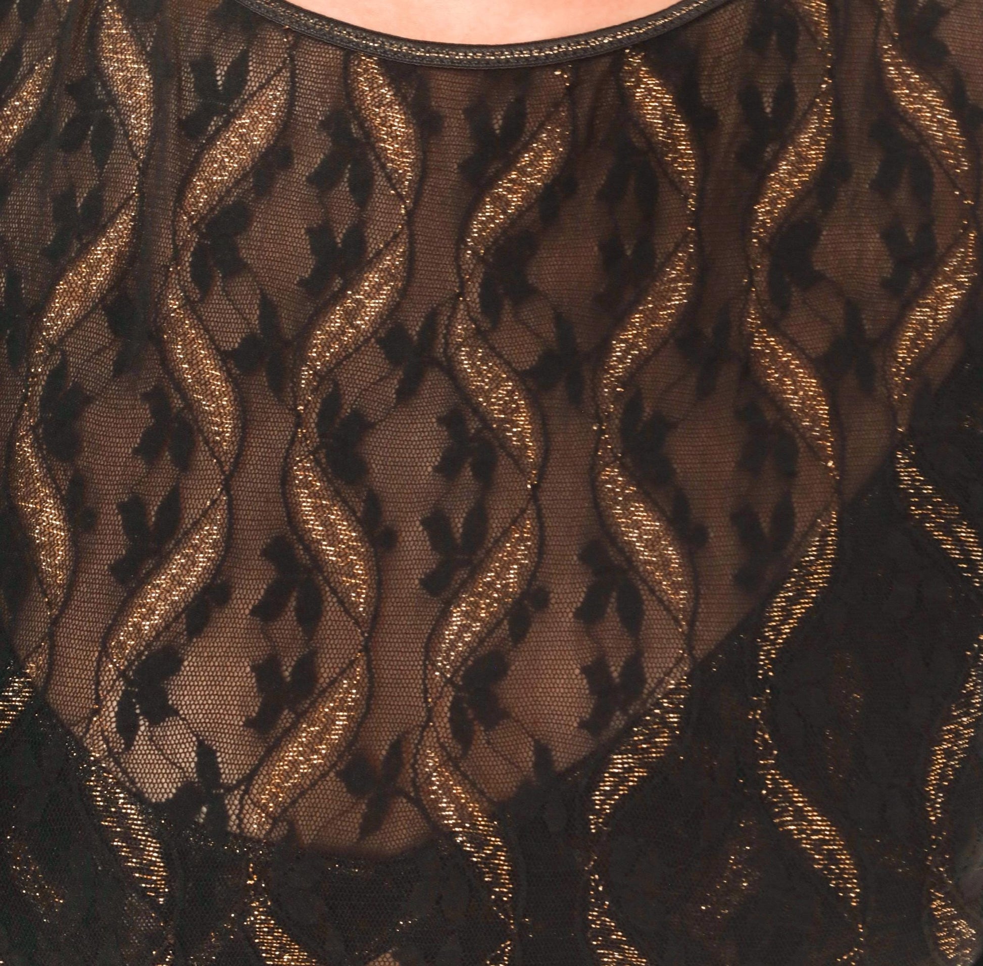 Ungaro Lingerie 90s Black Gold Lurex Lace Bodysuit Puff Sleeve Open Back Large L