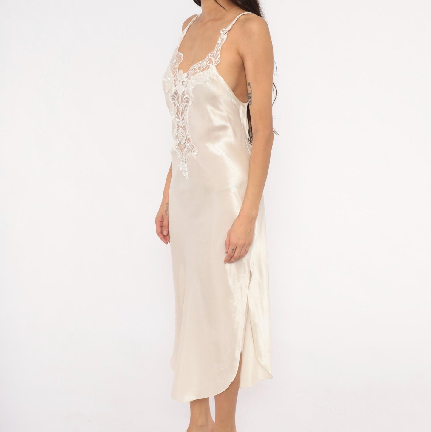 90s California Dynasty Cream Satin Slip Dress Floral Lace Cutwork Open Back Medium M