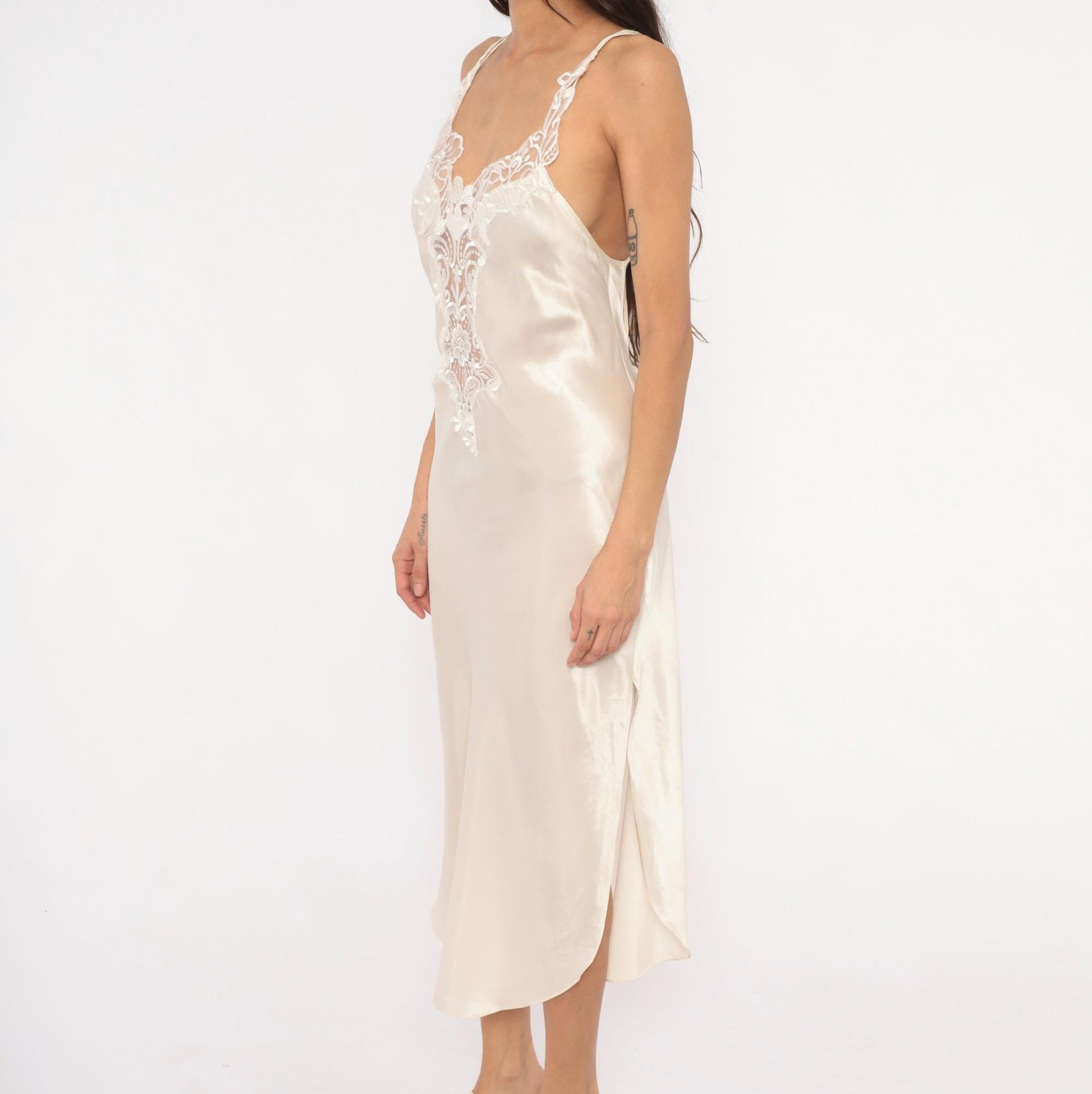 90s California Dynasty Cream Satin Slip Dress Floral Lace Cutwork Open Back Medium M
