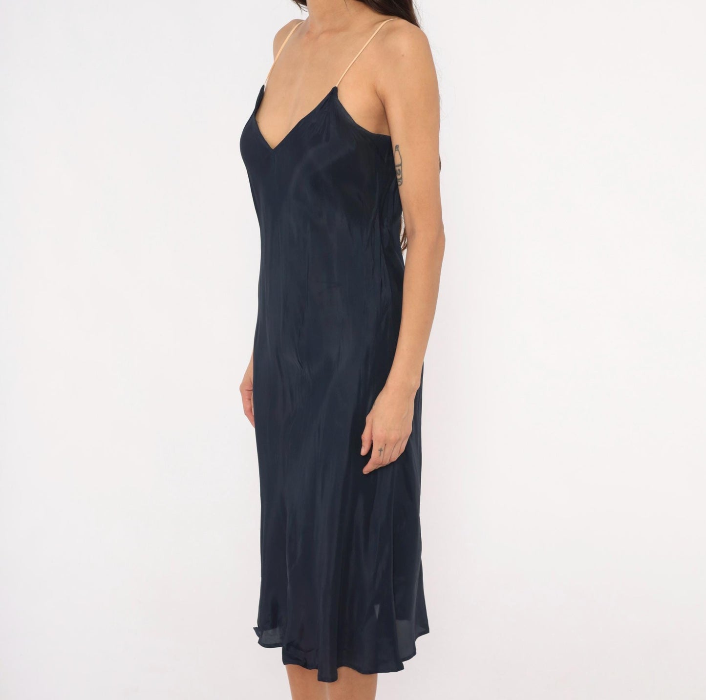 70s Navy Slip Dress Midi V-Neck Spaghetti Strap Acetate Small