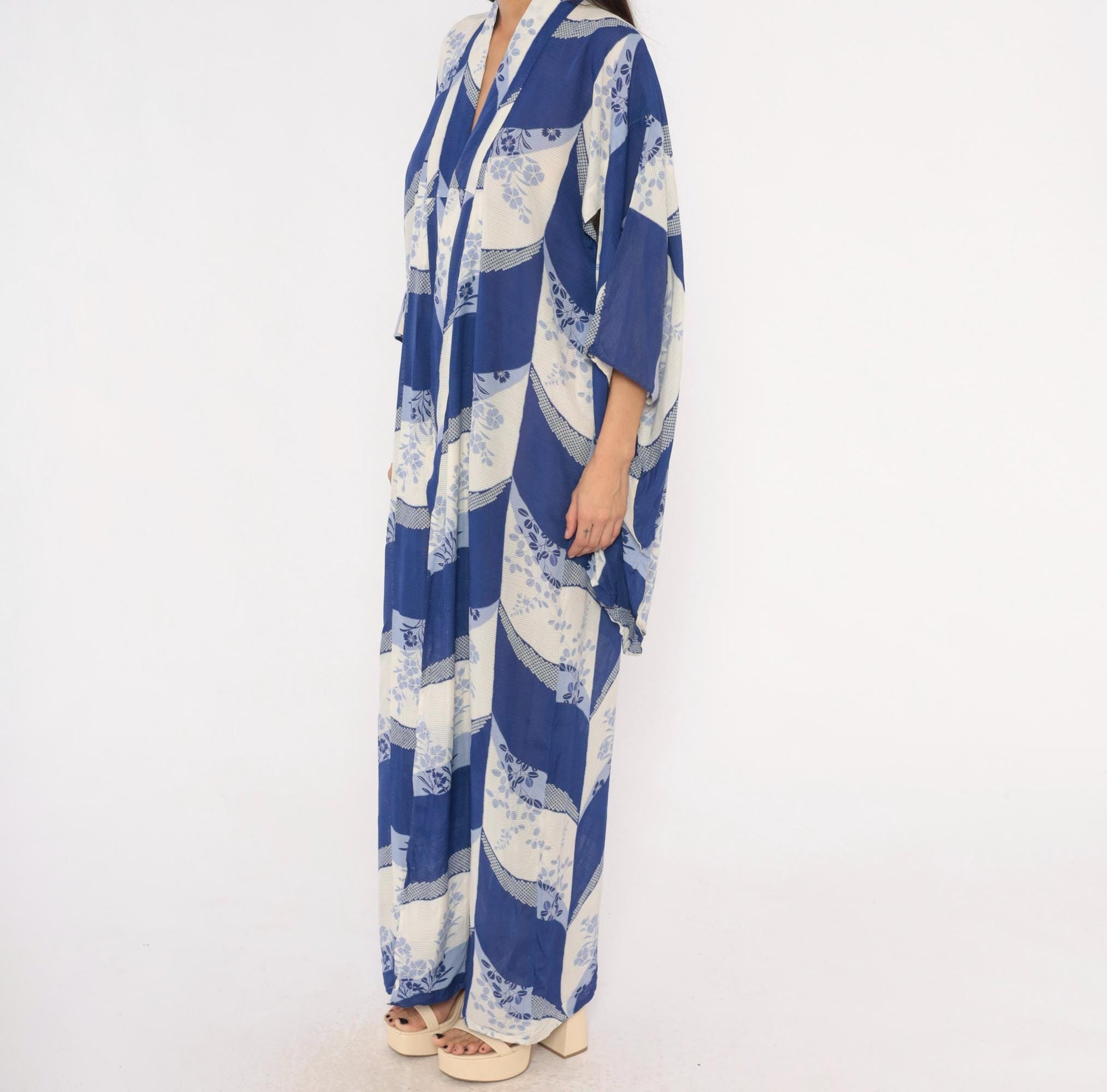 70s Japanese Kimono Robe Cobalt Blue Floral Maxi Open Front Small to Large