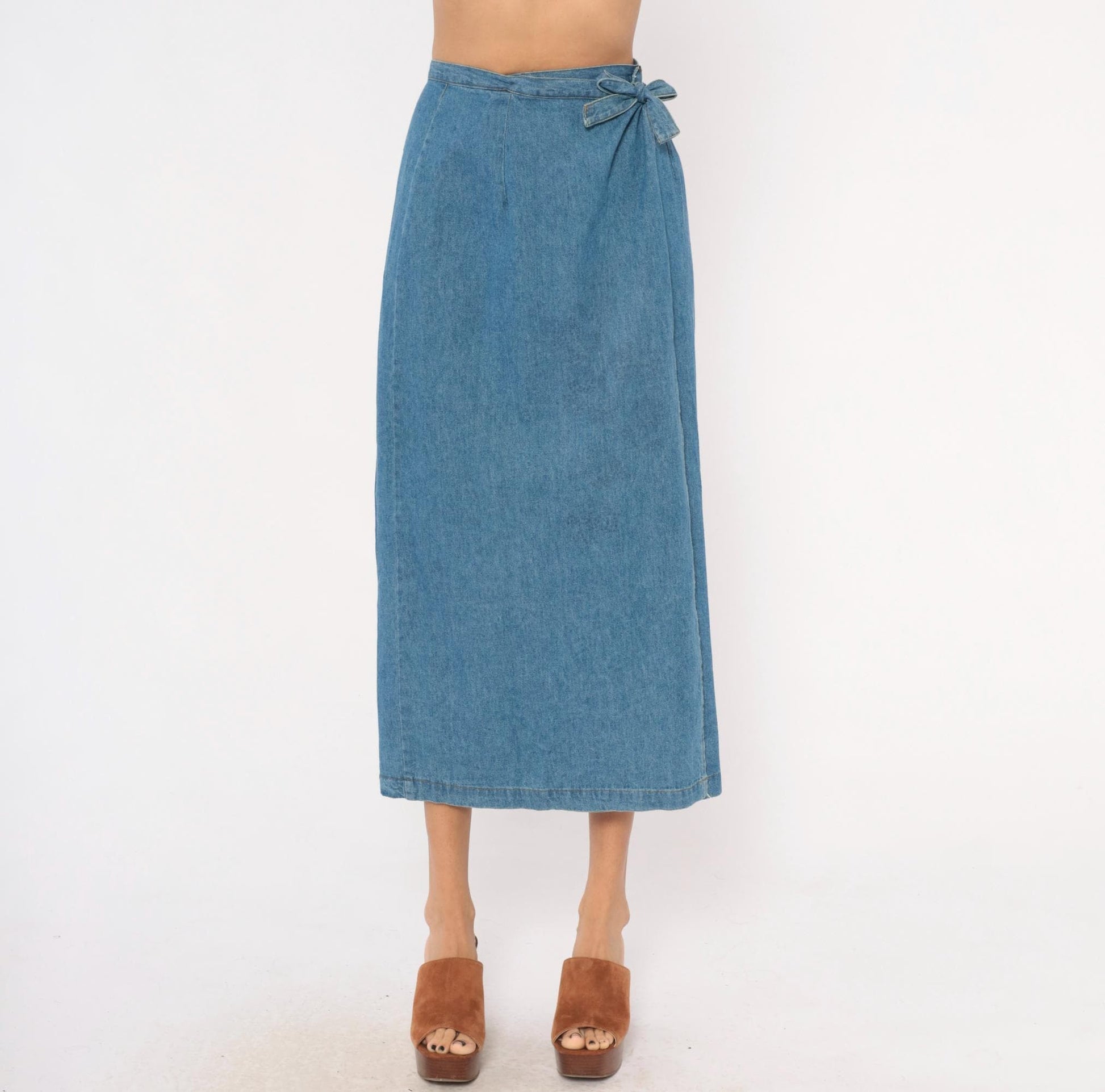 90s Founded 1989 Denim Wrap Skirt Midi Blue Chambray Cotton Extra Small