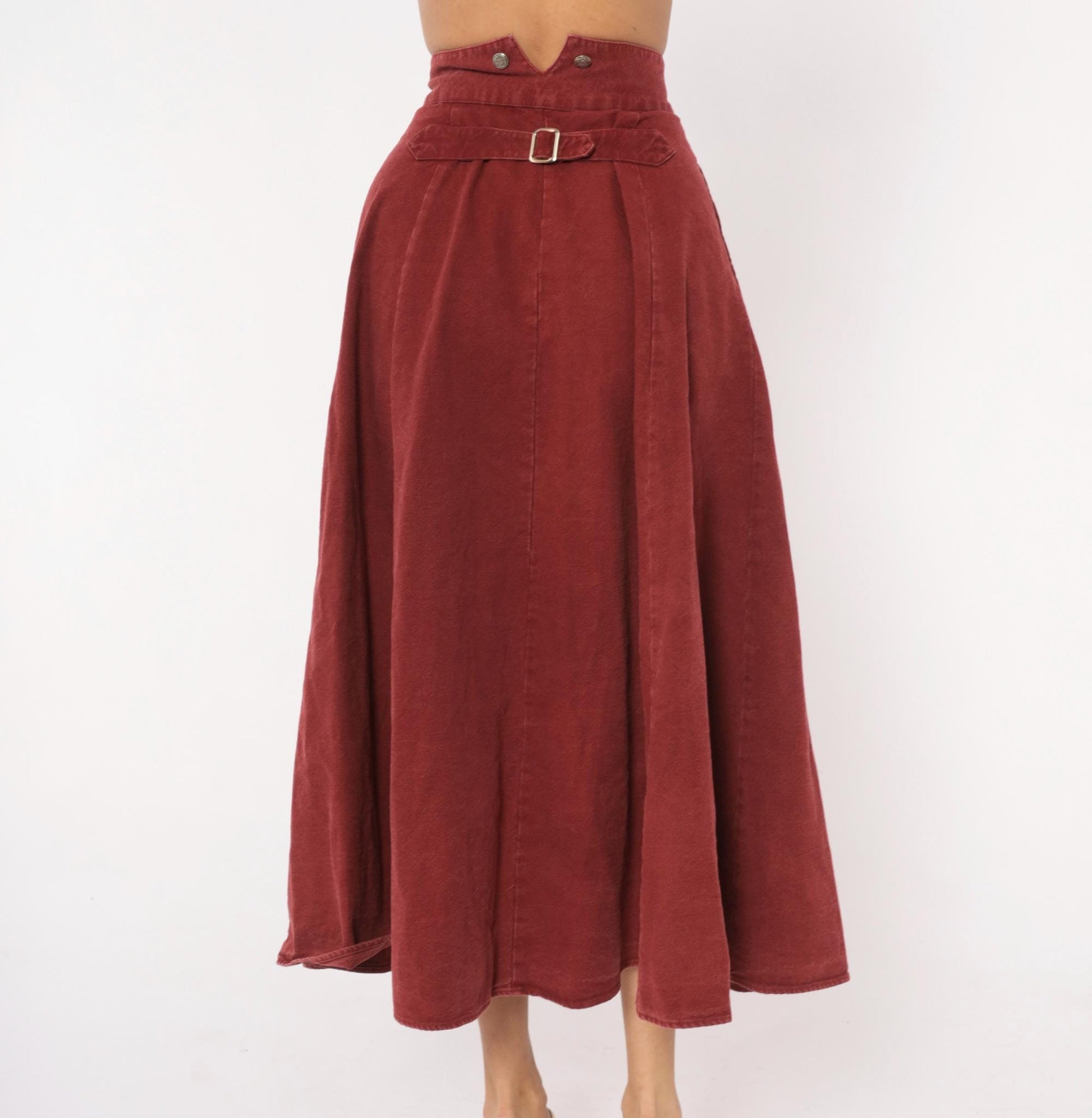 90s Miller Stockman Burgundy Cotton Circle Skirt High Waist Midi Extra Small XS