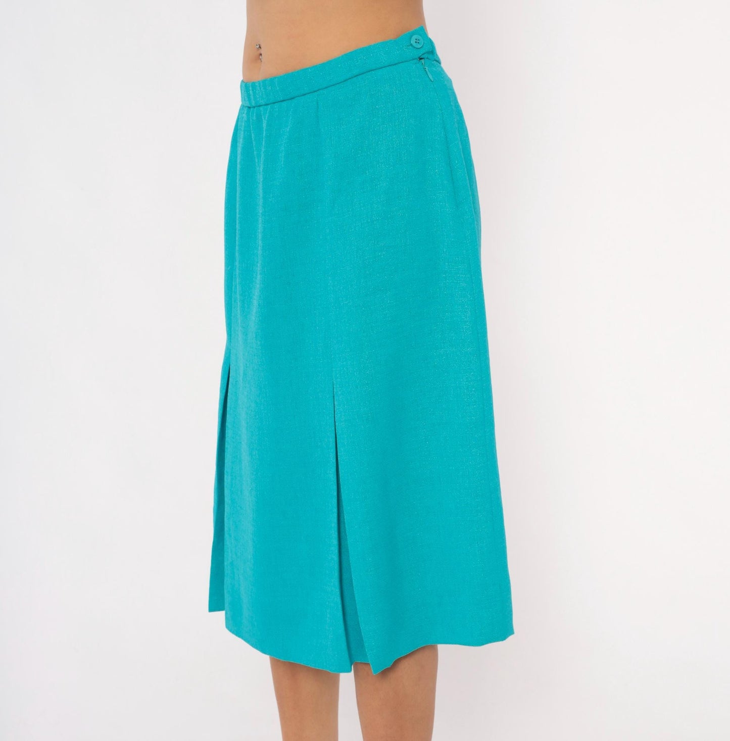 80s Teal Box Pleat Midi Skirt Turquoise A-Line Waistband Zip Large L