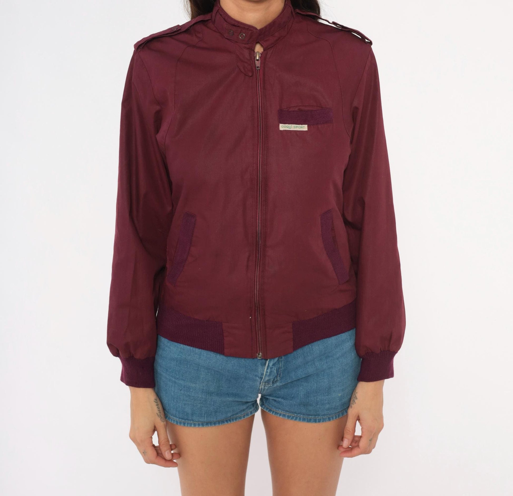 80s Coqui Sport Burgundy Bomber Jacket Ribbed Knit Epaulette Extra Small XS