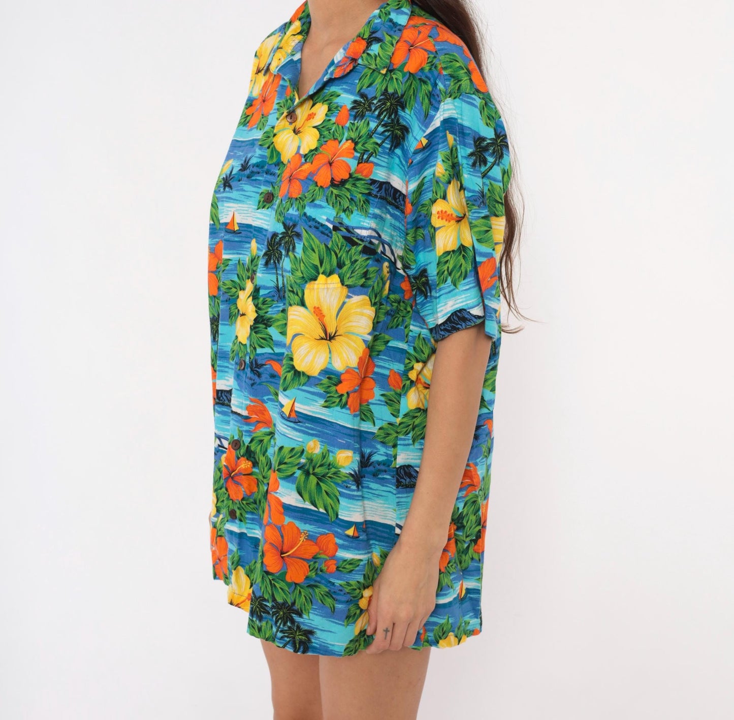 2000s Squish Wear Hawaiian Camp Collar Shirt Tropical Hibiscus Cotton Large L