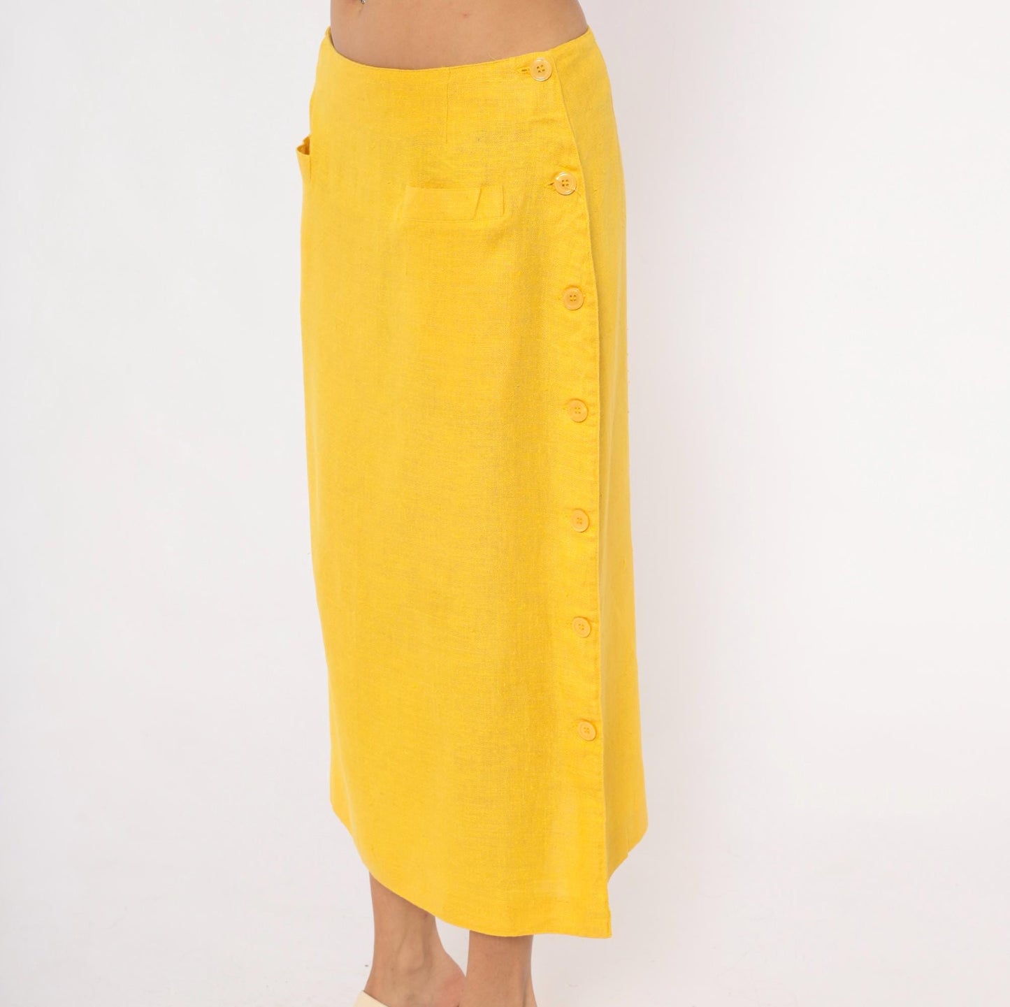 80s Ta. Whitney Linen Midi Skirt Golden Yellow A-Line Large L