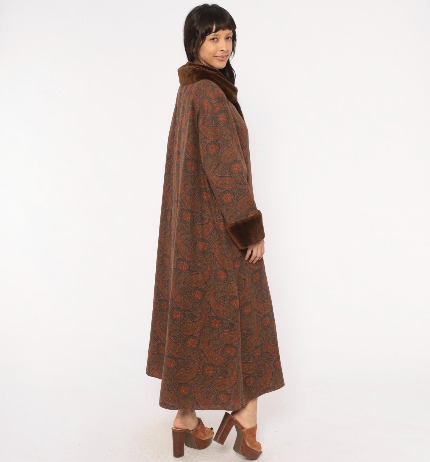 1970s Bill Blass Paisley Wool Maxi Coat Fur Collar Brown Olive Medium M