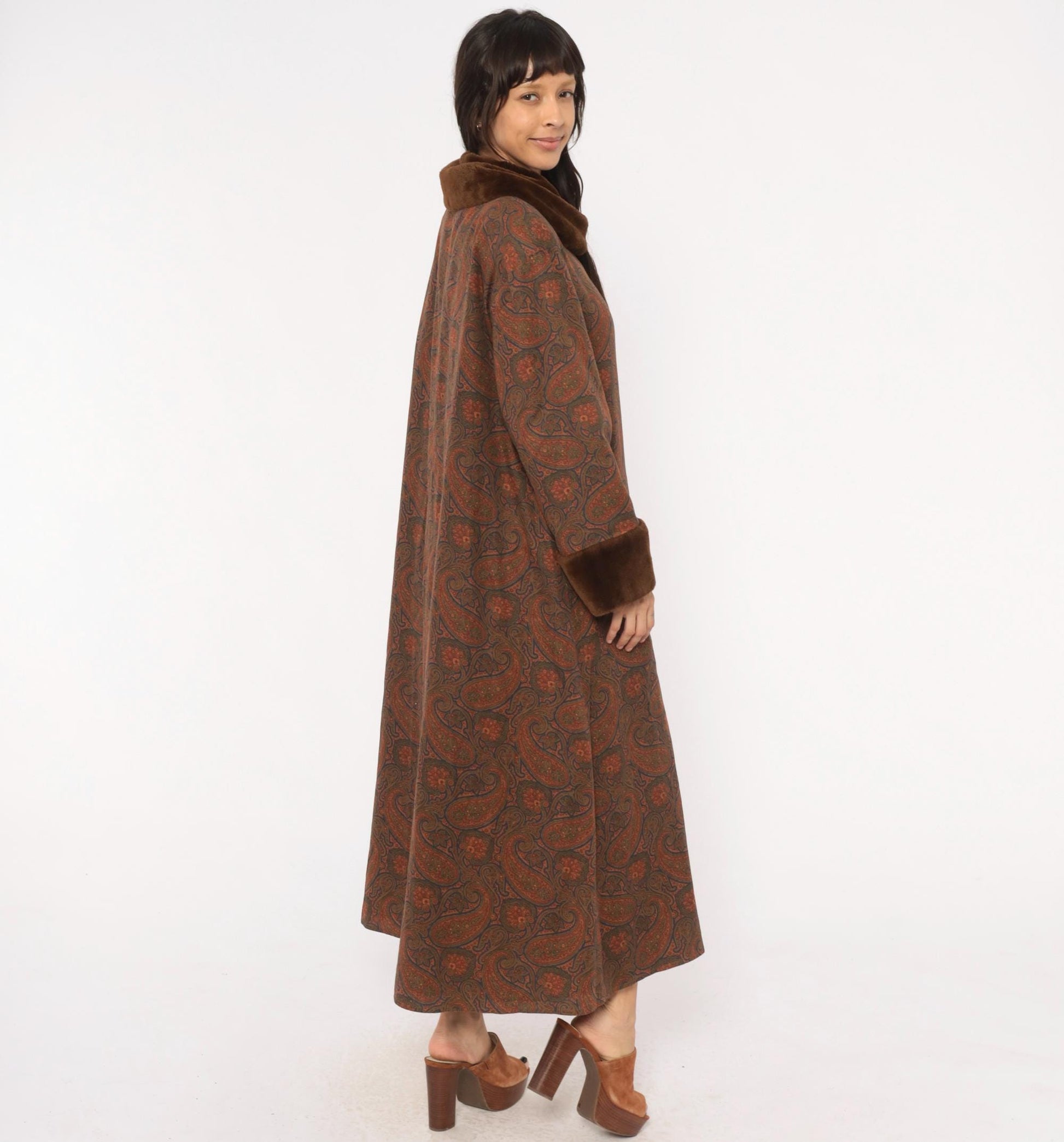 1970s Bill Blass Paisley Wool Maxi Coat Fur Collar Brown Olive Medium M
