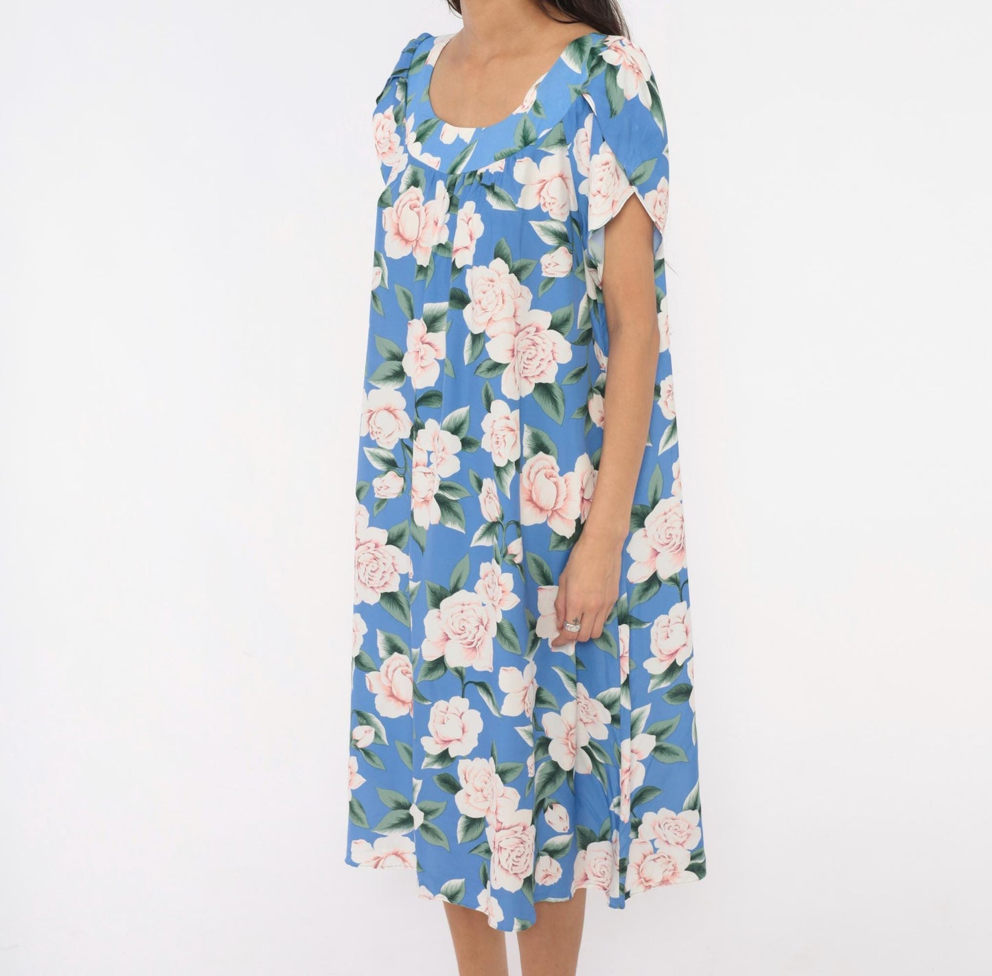 90s Paradise Bay Muumuu Midi Dress Blue Pink Rose Floral Puff Sleeve Large L