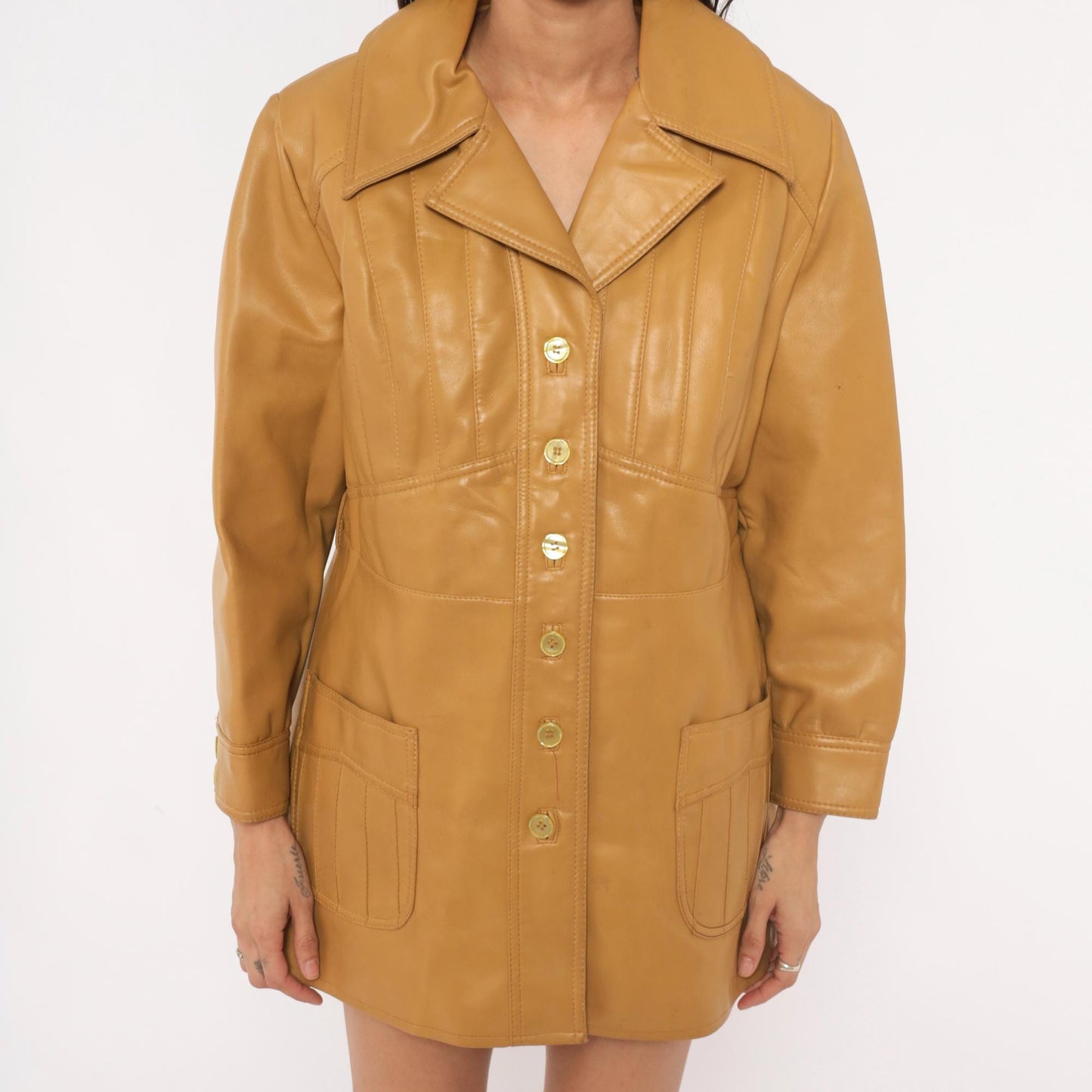 70s Mod-Maid Vinyl Coat Tan Button Front Notched Collar Mini Trench Large L