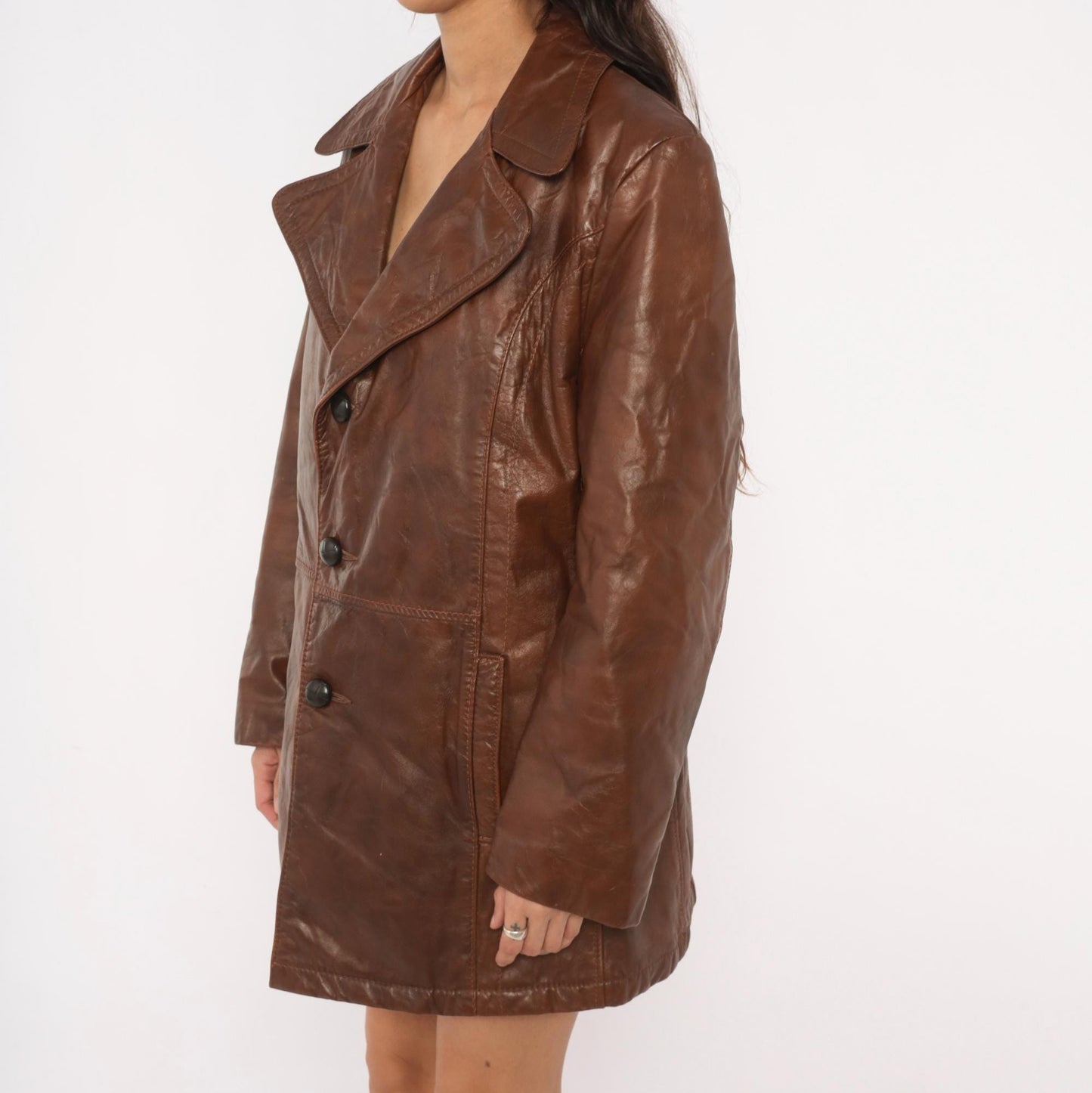 70s De Long Brown Leather Jacket Notched Lapel Belted Back Medium M
