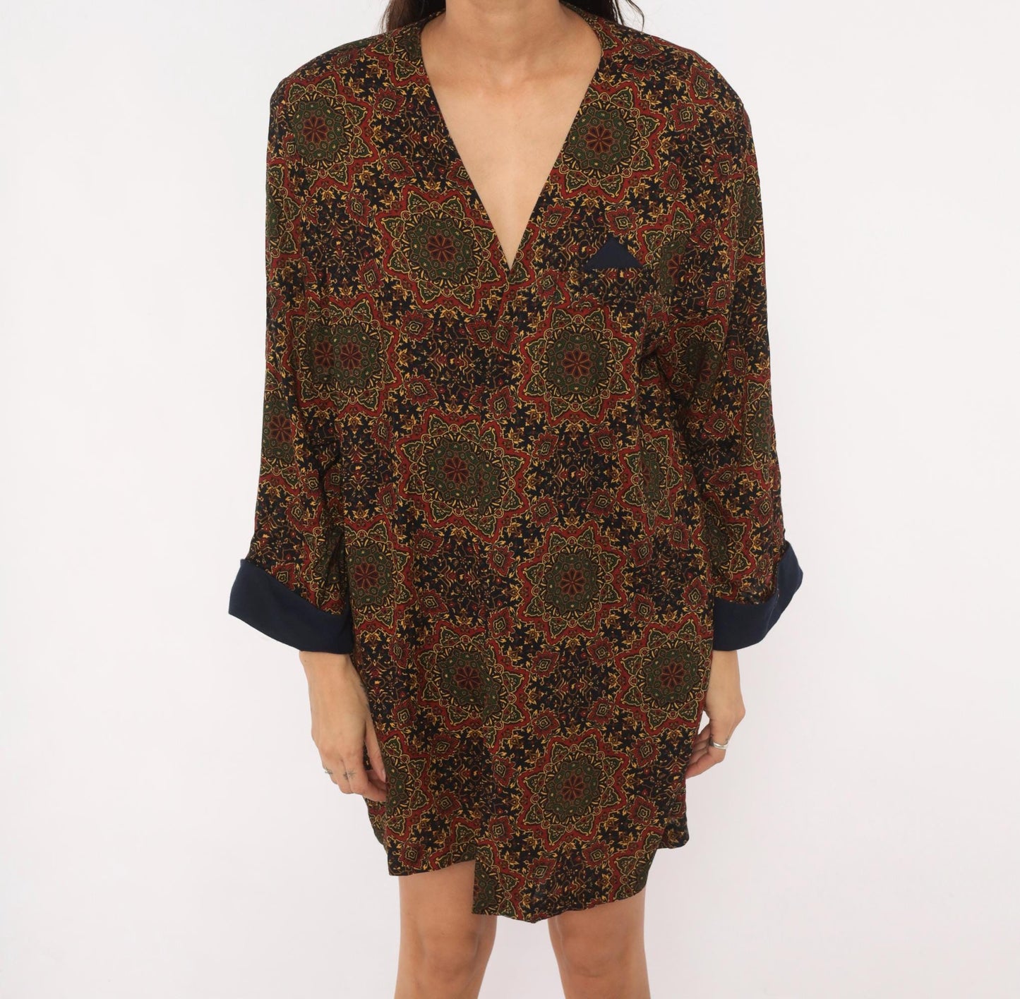 90s Medallion Tapestry Robe Kimono Navy Red Olive Gold Duster Large L