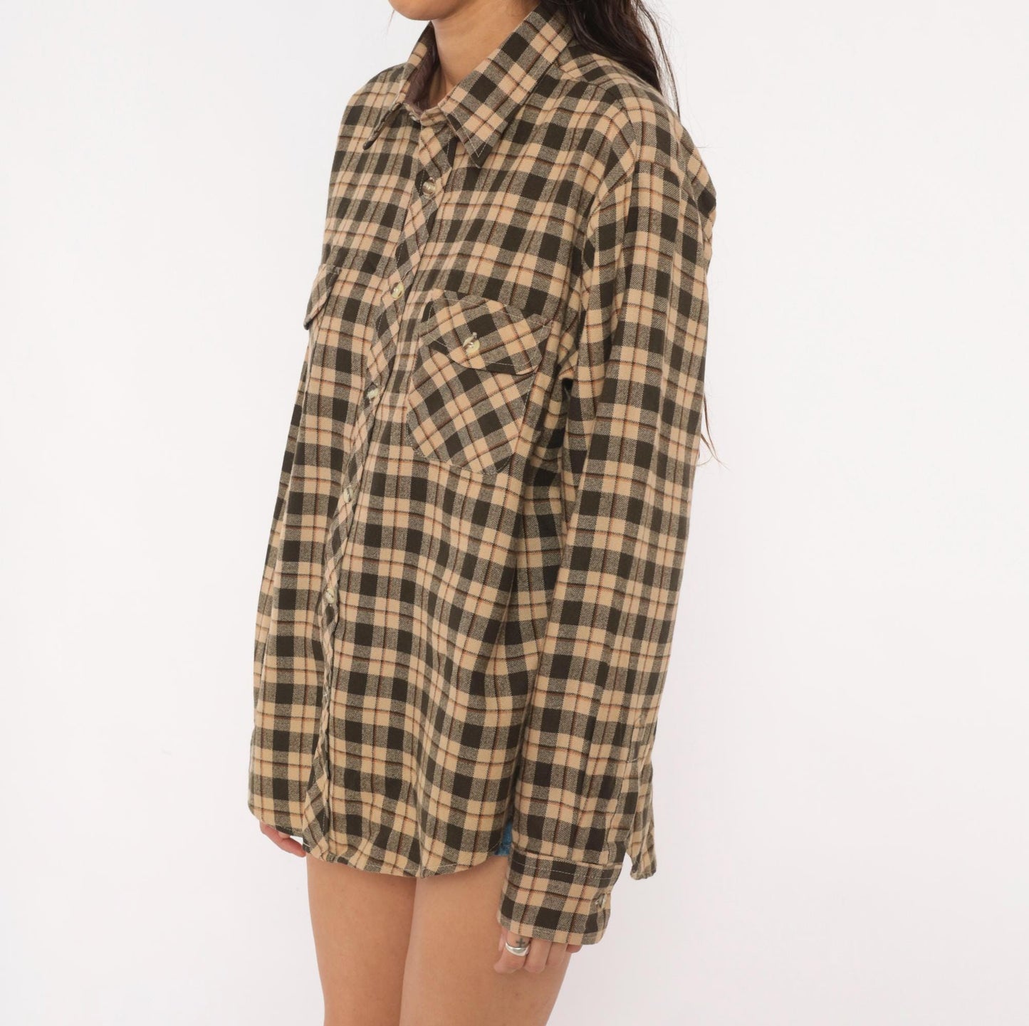 80s High Sierra Plaid Flannel Shirt Tan Brown Check Large L