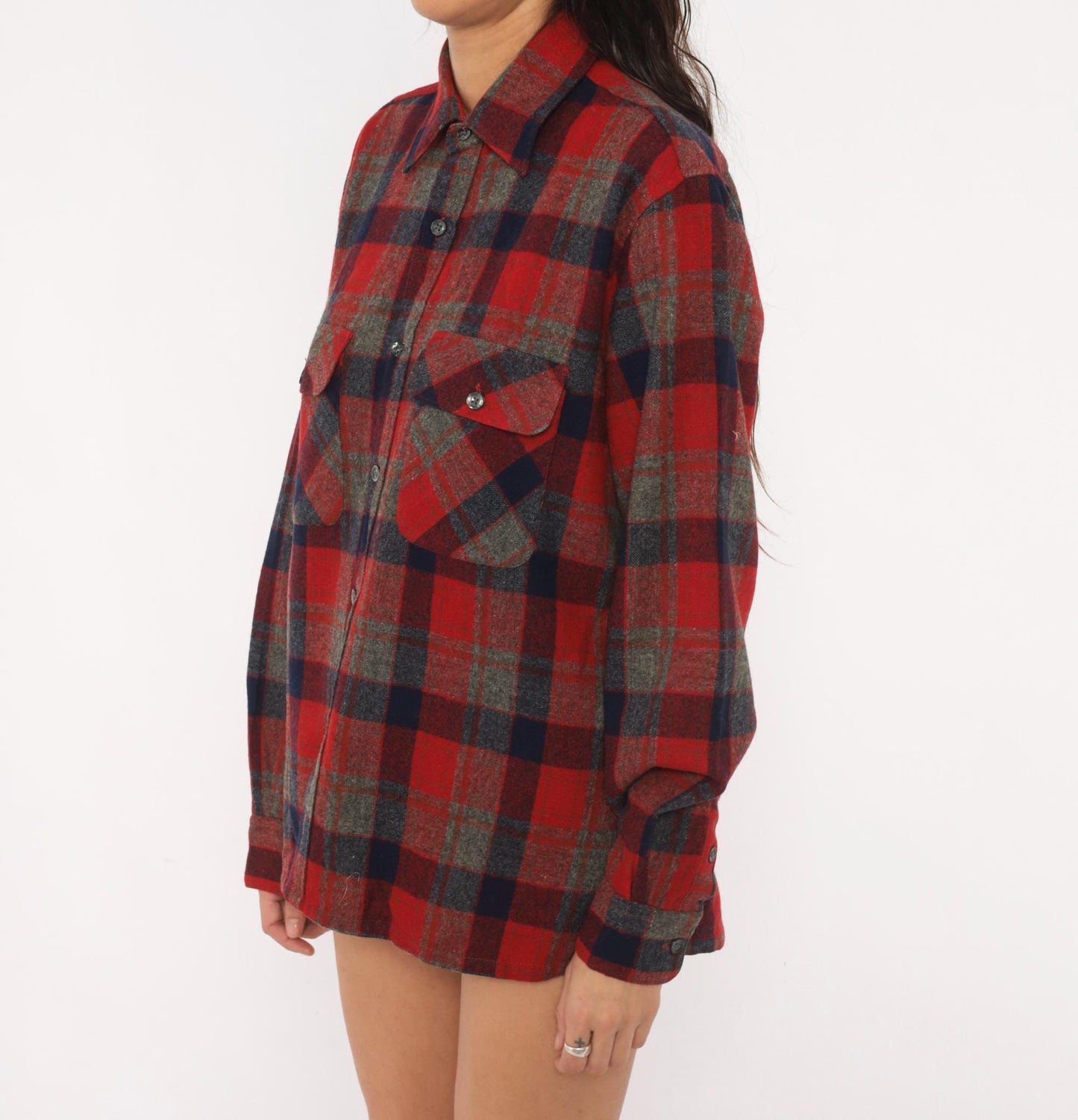 80s Woodland Wool Flannel Shirt Red Navy Grey Plaid Button-Up Small