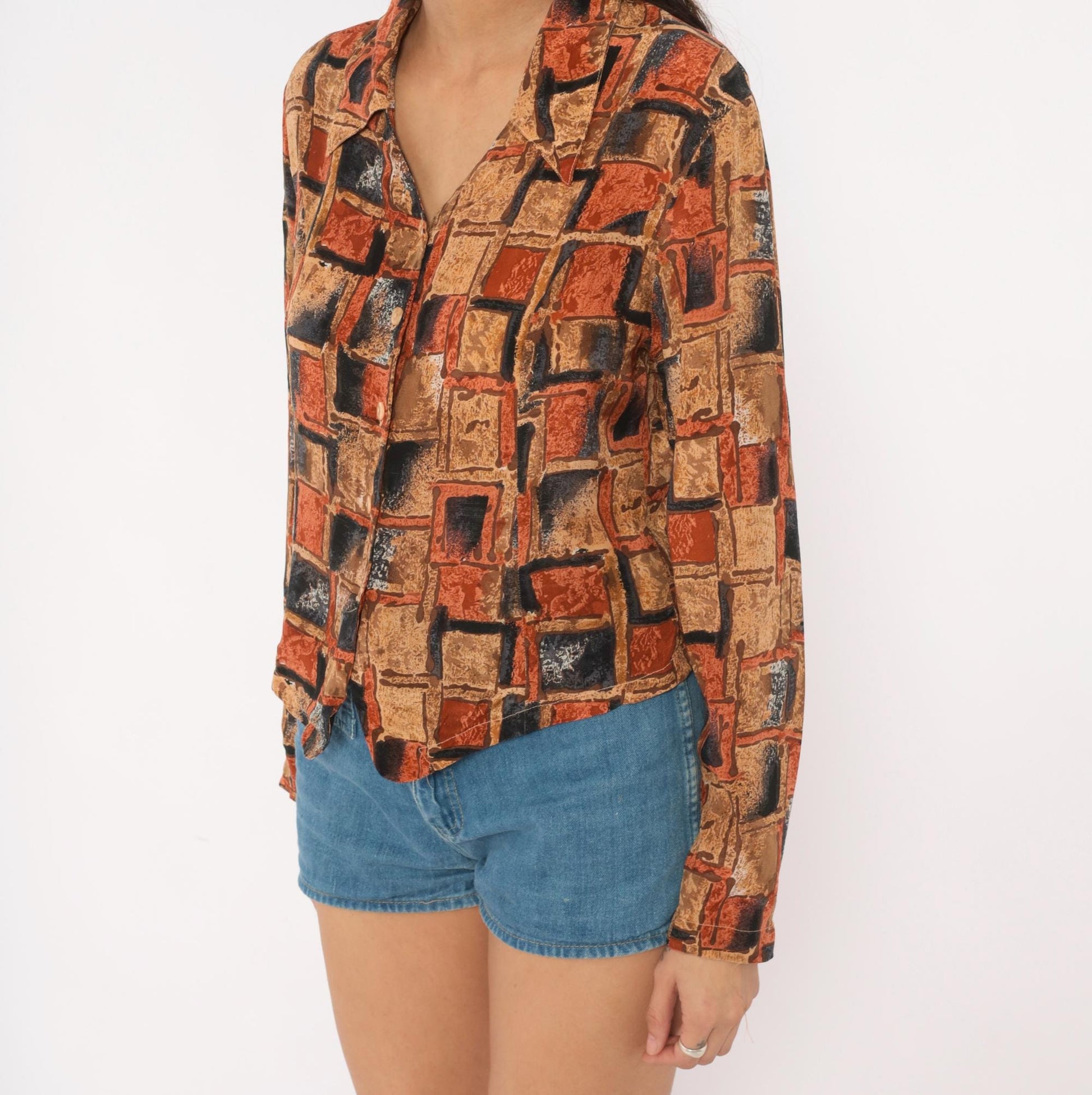 90s Quo-Silk Abstract Geometric Silk Blouse Cropped Rust Tan Small S