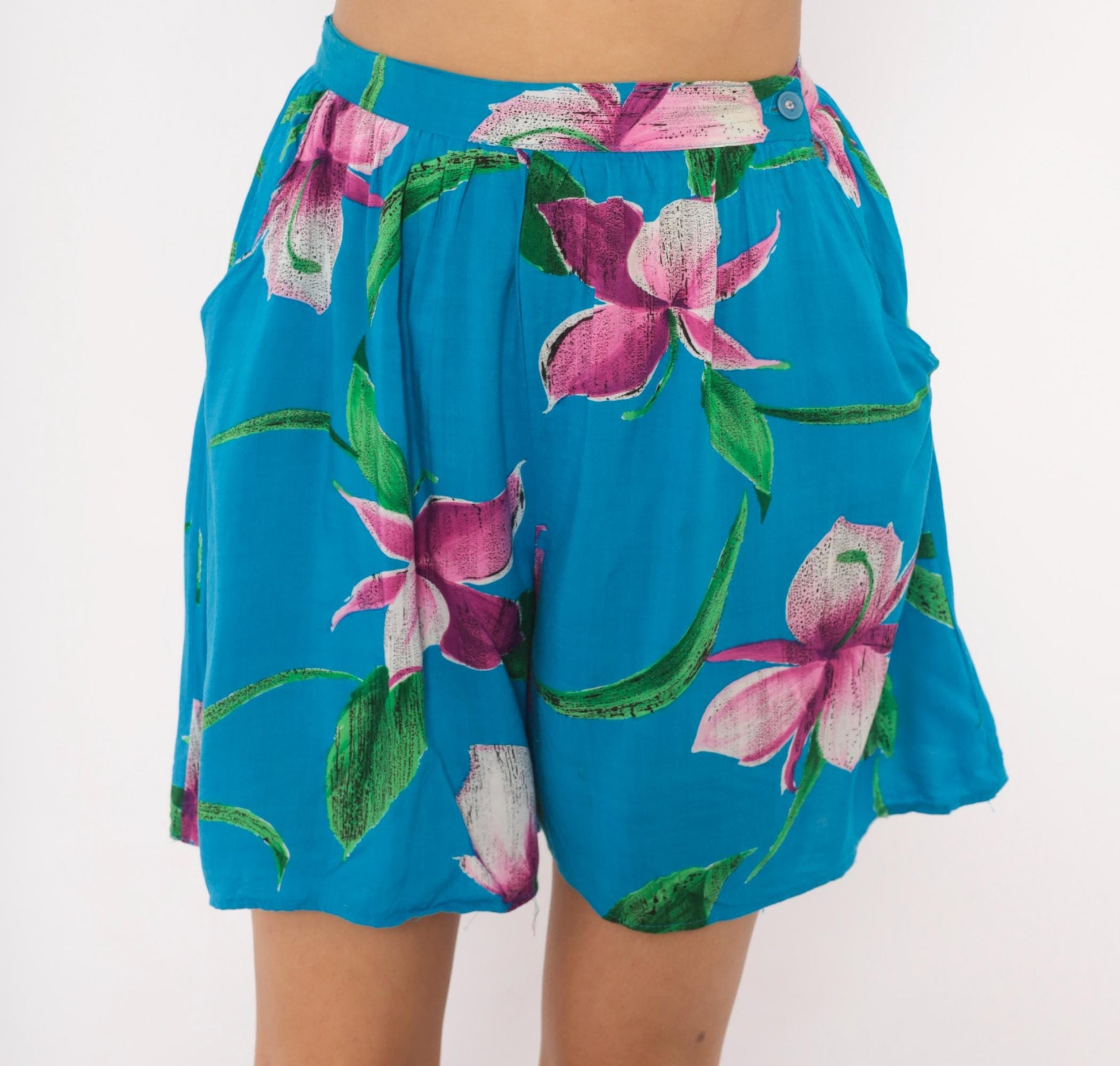 90s Profiles Tropical Floral Shorts Teal Orchid High Waist Wide Leg Small