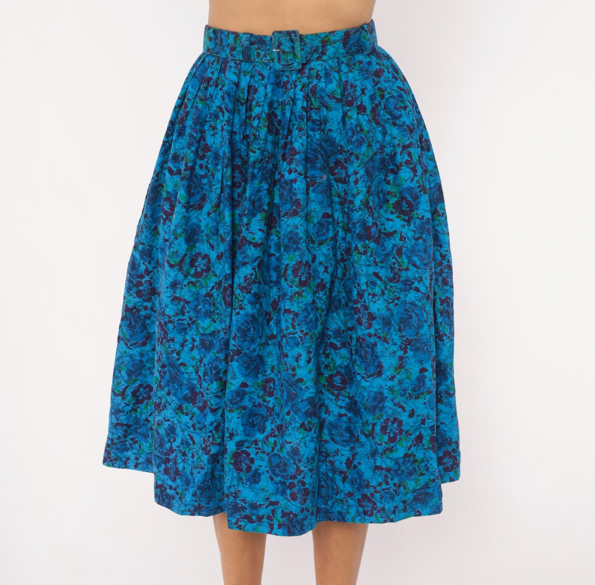 60s Batik Floral Pleated Skirt Cobalt Blue Purple Cotton High Waist Extra Small XS