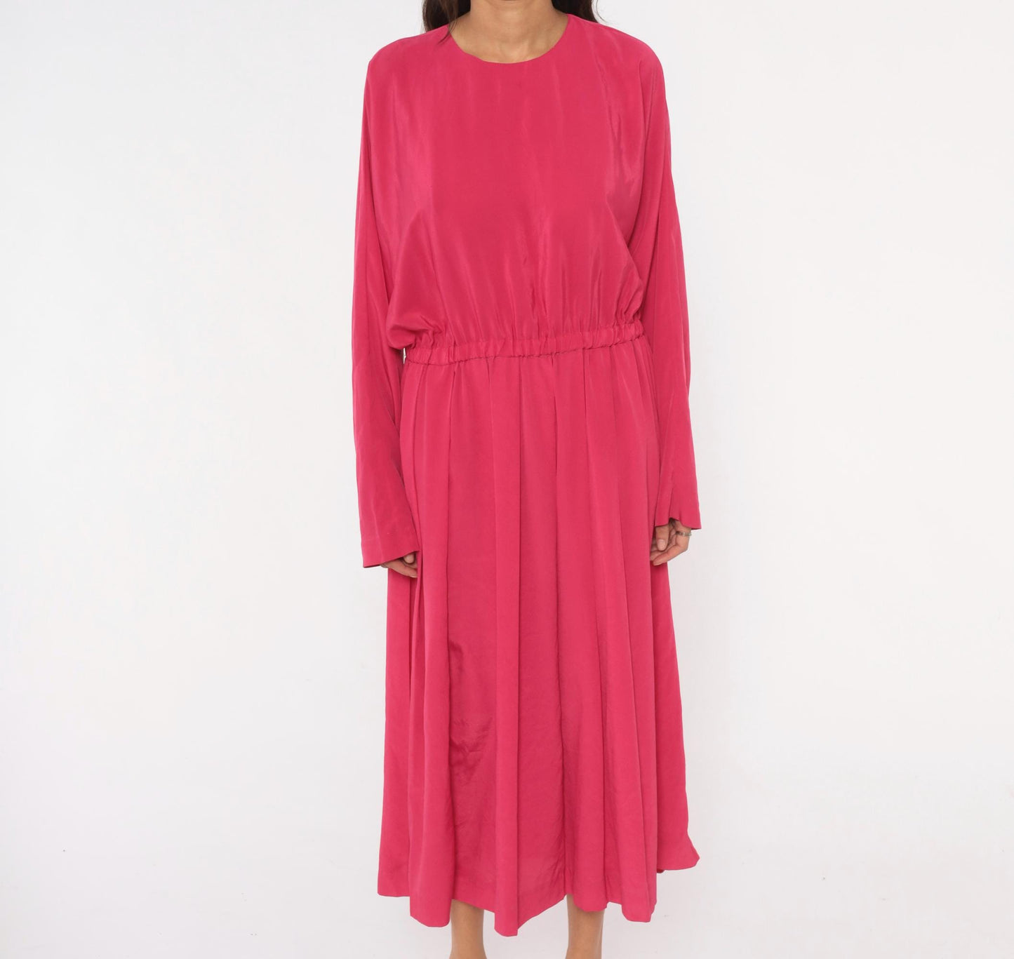 1980s J.Ellis II Fuchsia Midi Dress Blouson Waist Pleated Skirt Extra Large
